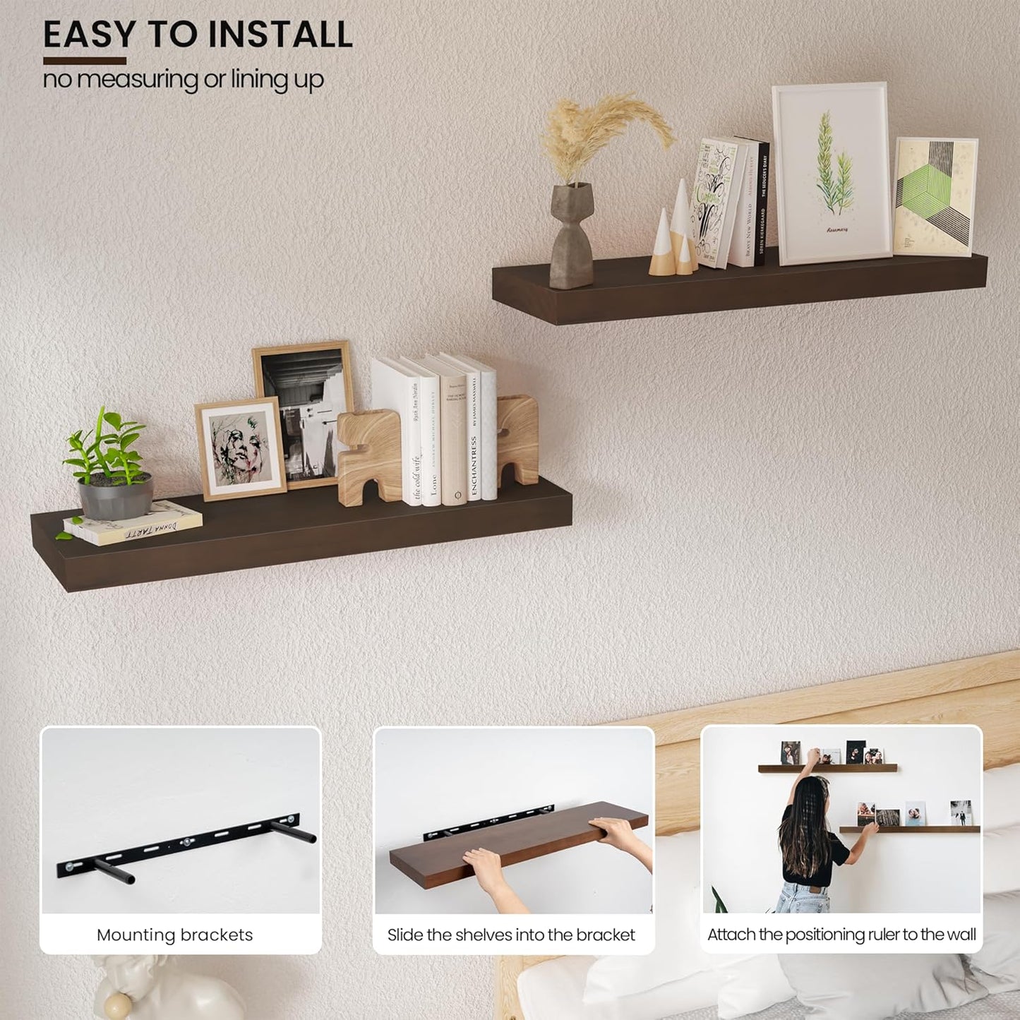 Wood Floating Shelves for Wall 24” x 8”x 1.4” Shelf Floating Rustic Farmhouse Decor, Heavy Duty Shelf Hold 60 lbs, Wall Shelves for Bathroom Living Room Kitchen Bedroom Office, 2 Packs Walnut