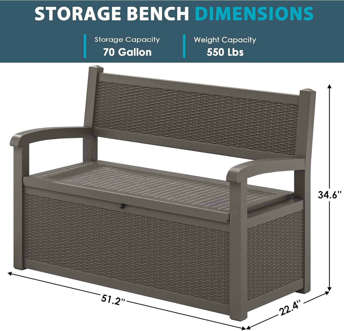 70 Gallon Storage Bench Deck Box for Patio Furniture with Armrest Bench Outdoor Storage