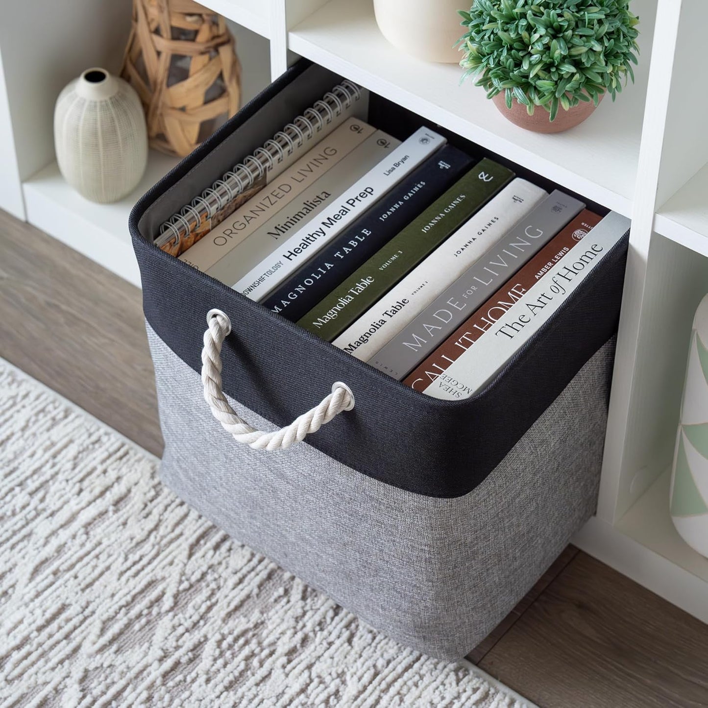 OrganiHaus 13x13 Cube Storage Bins 4 Pack, Foldable Cube Storage Organizer w/ Rope Handles, Collapsible Fabric Bins for Toys, Clothes & Closet Organization, Fabric Square Baskets - Gray/Black