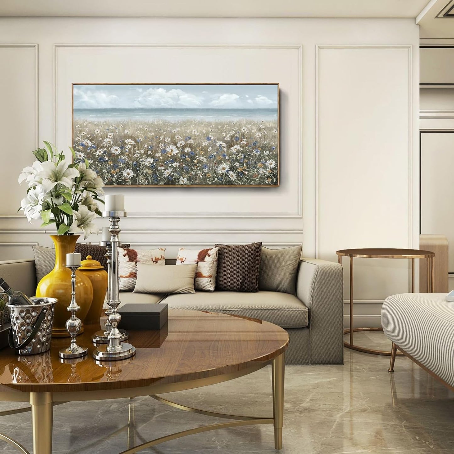 amatop Oversized Wall Art for Living Room Extra Large Farmhouse Boho Framed Beach Coastal Vintage Ocean Floral Canvas Print Daisy Flowers Sea Wall Picture Neutral Nautical Artwork Bedroom Office Decor