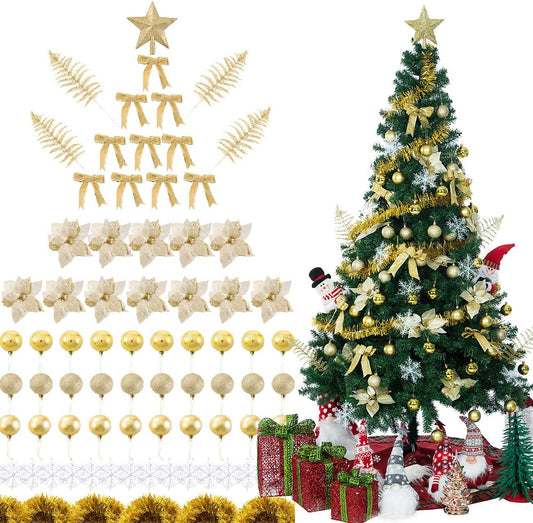 Sunnyglade 94 PCS Christmas Tree Ornaments Set with Glitter Poinsettia, Bows, Ribbons, Leaves & Assorted Decoration Ball for Xmas Tree Holiday Wedding Party Decorations (Golden)