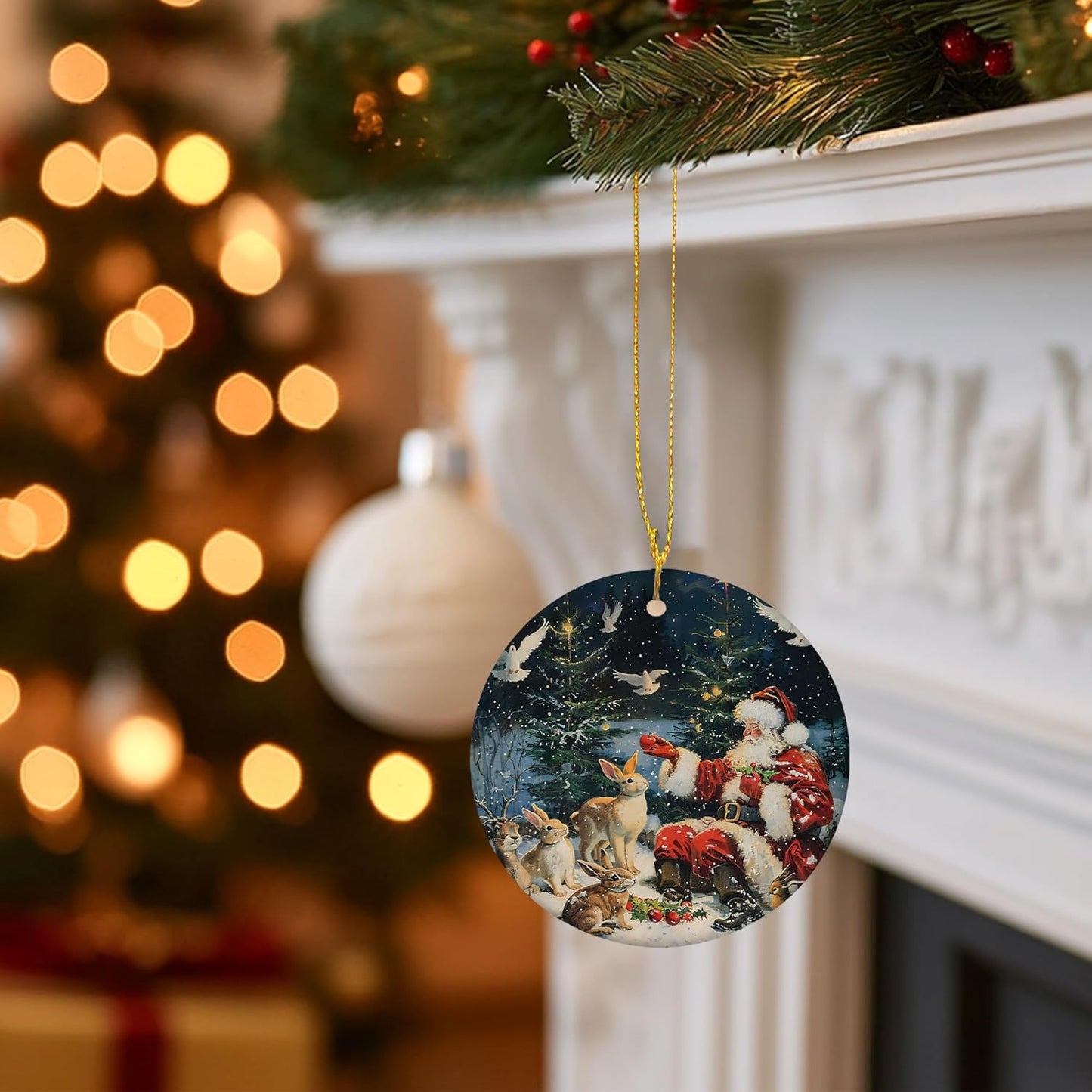 Vintage Christmas Santa Bunny Ceramic Ornament Gifts, Retro Rustic Winter Santa Bunny Decorative Hanging Ornaments for Xmas Tree Holiday Party Decoration, Winter Xmas Tree Decorations