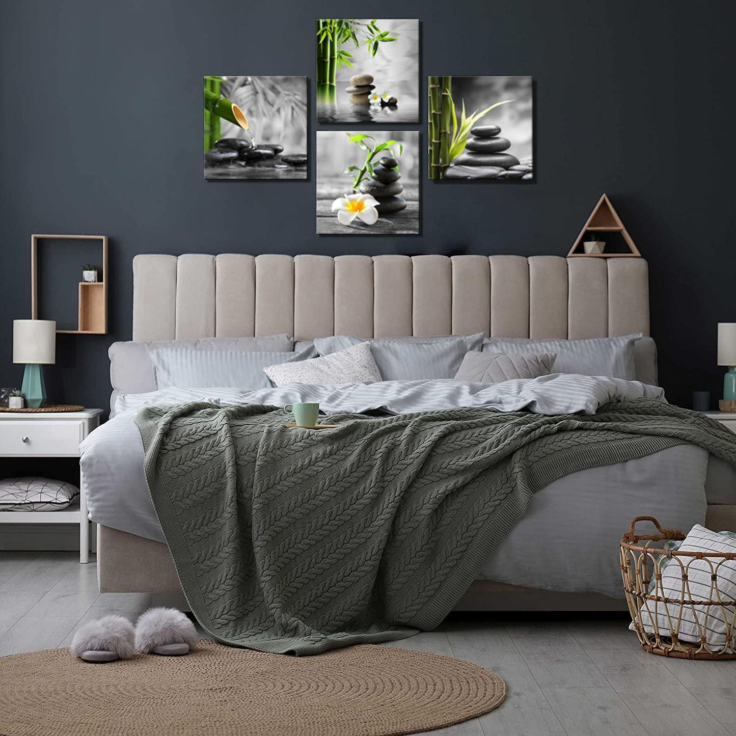 Bamdeya Zen Bathroom Decor Black and White Wall Art Grey Green Room Decor Stone Bamboo Pictures Canvas Meditation Posters Prints Artwork Bedroom Wall Decor Living Room Kitchen Decorations