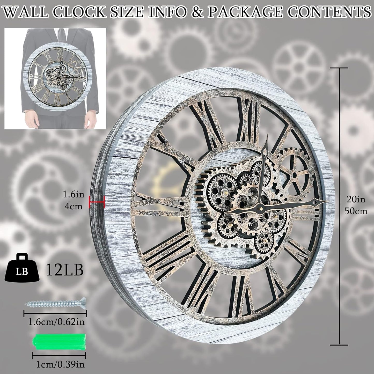 HOIBAI Wall Clock, Clocks for Living Room Decor 20 Inch Big Moving Gears Clock Farmhouse Vintage Rustic Wall Clock for Home Bedroom House Kitchen Wall Decor