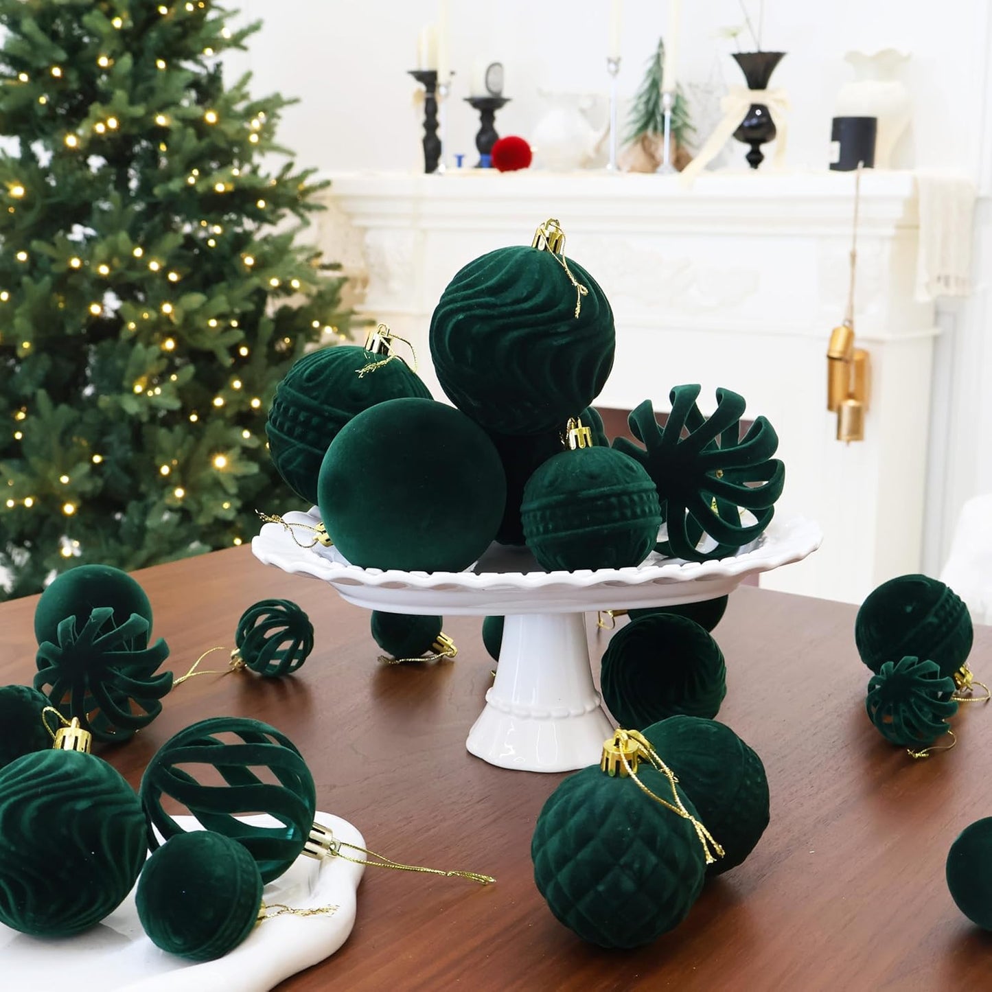 Senjie 2025 Velvet Christmas Ball Ornaments Sets 36pcs Flocked Christmas Ornaments Assortment Decor for Xmas Deep Green