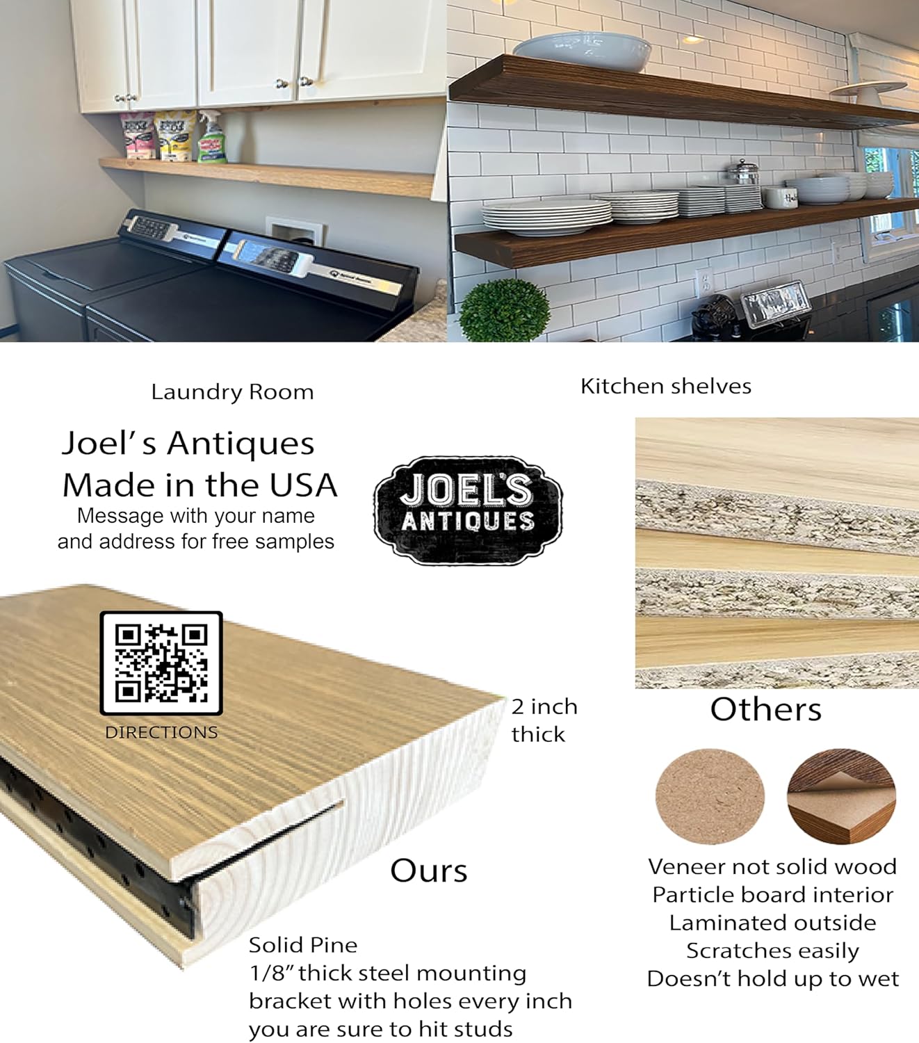 Joel's Antiques 48 Inch Wooden Floating Shelves for Wall - 48x12x2 in - Made of Natural Wood - Long Heavy Duty Rustic Wall Shelves for Bedroom - Perfect for Living Room, Kitchen - Medium Brown