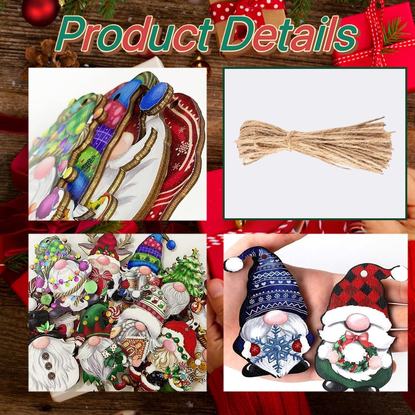 24 Wooden Gnome Ornaments for Christmas Tree, Party Decorating Supplies