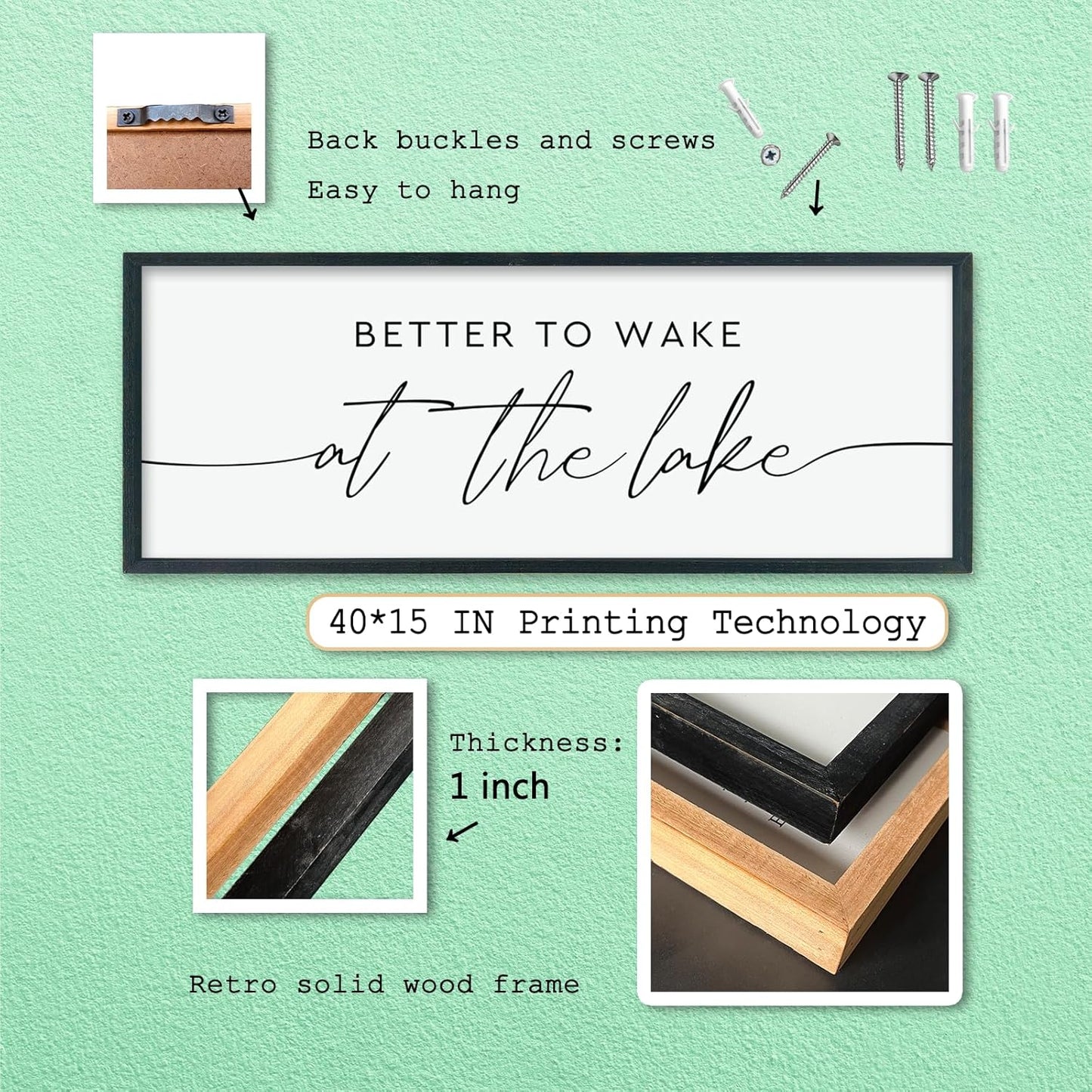 LuZhiQiang Better To Wake At The Lake Above Bed Wall Decor 40"×15" for Lake House Bedroom Over Bed Sign Wood Framed Large Wall Hanging Art (Black)