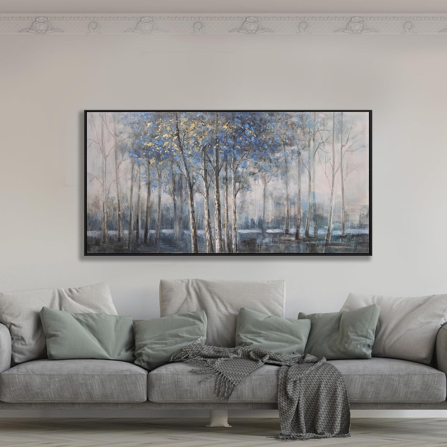Framed Wall Art Scene Nature Decor Canvas Print Blue Embellishments Plant Grey Misty Forest Abstract Tree Painting Picture Artwork Framed Wall Decor For Living Room Bedroom Living Room And Apartment