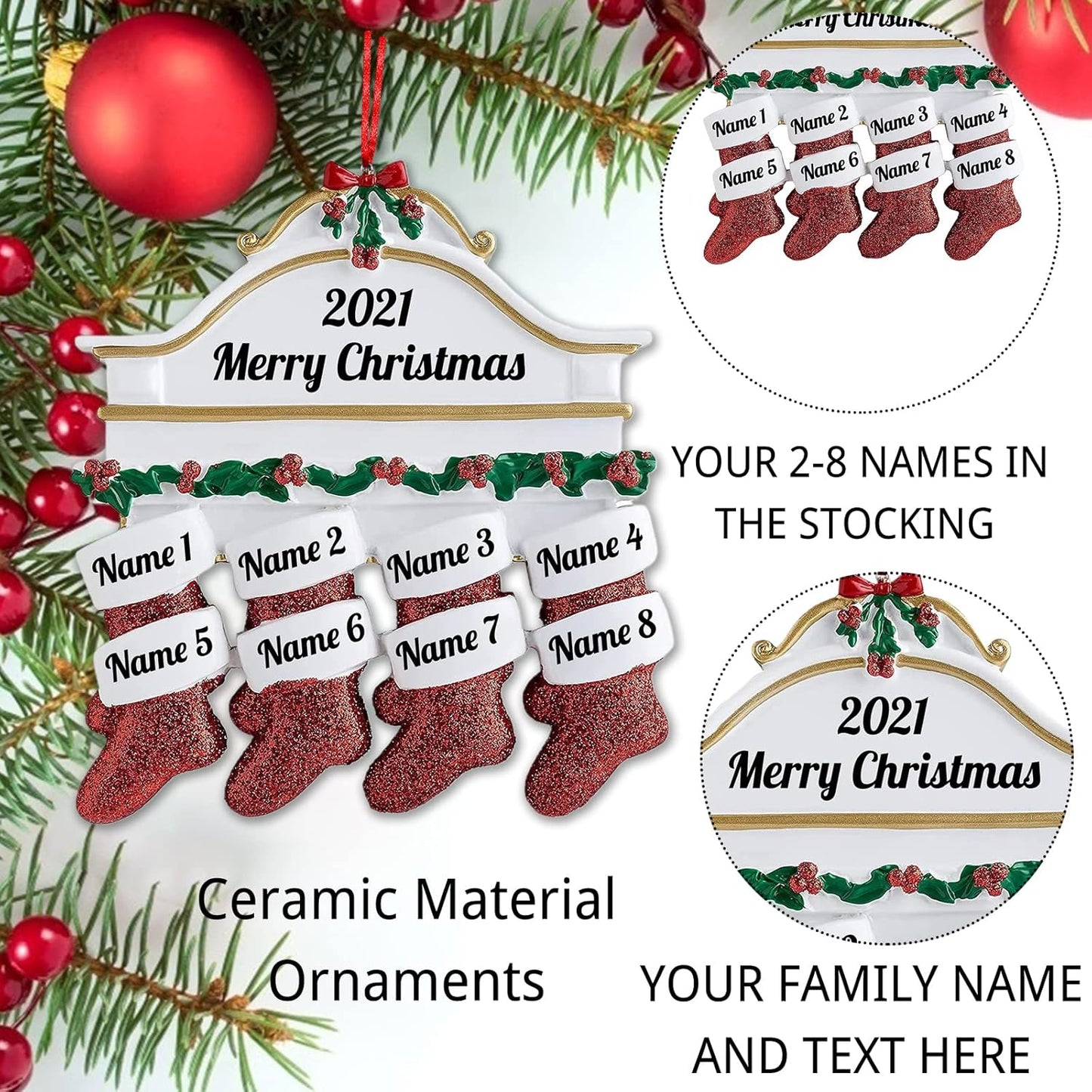Personalized Christmas Ornaments Family of 2,3,4,5,6,7,8 Custom Christmas Stocking Ornaments with Names, Customized Xmas Day Home Christmas Tree Decora- Family of 5