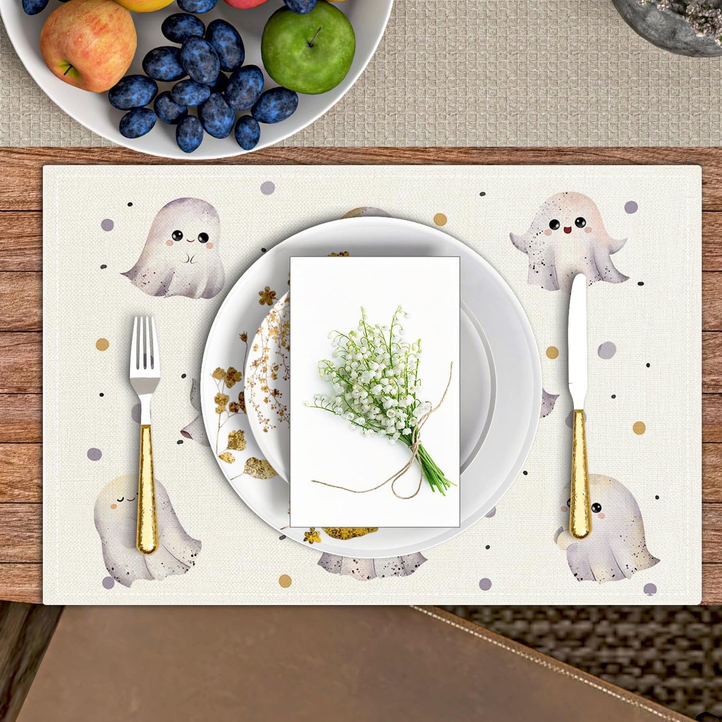 Halloween Placemats Set of 4, Cute Ghost Table Mat for Home Kitchen, Restaurants, Outdoor Linen Washable Place Mats 12x18 inch Party Event Dining Decoration-14