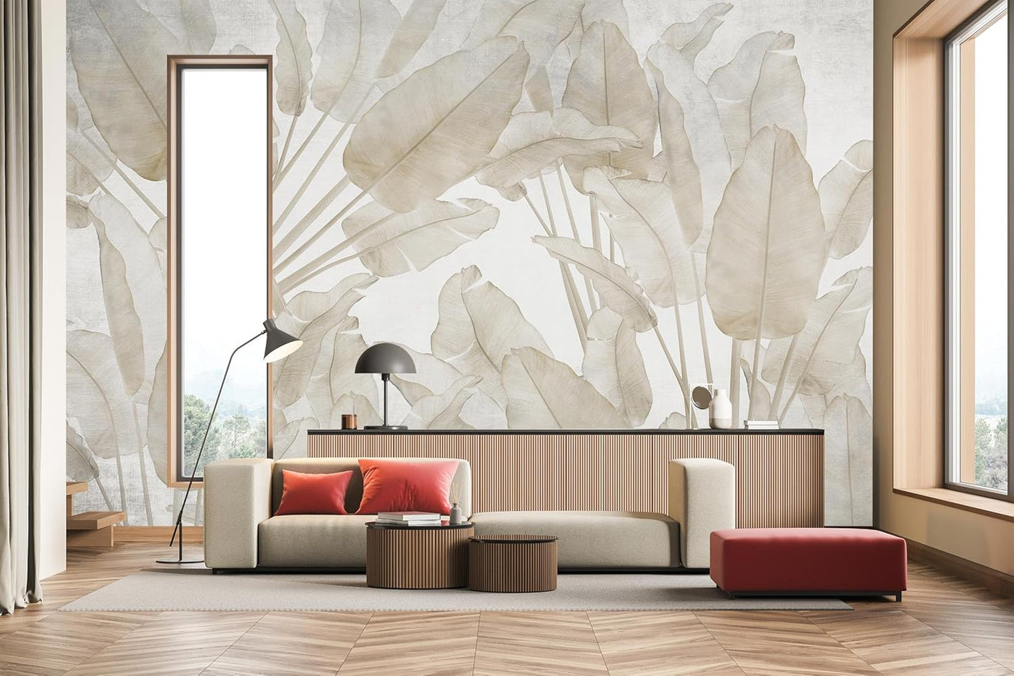 Banana Leaf Wallpaper Beige Tropical Plants Leaves Wall Mural Living Room Bedroom (Not Peel and Stick)