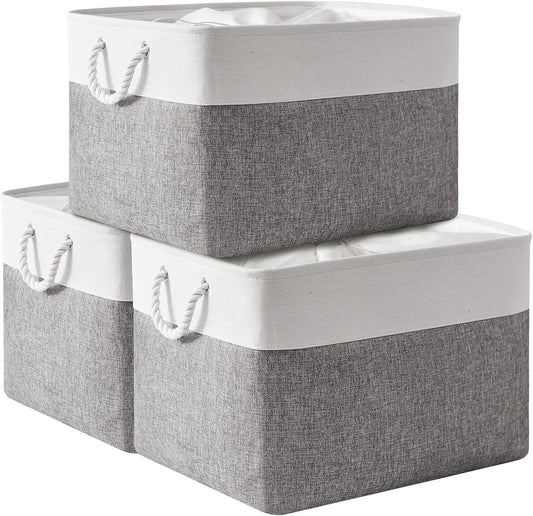 TheWarmHome Storage Bins Baskets for Organizing, 20.5L×15.7W×13.8H 3 Pack Sturdy Fabric Storage Basket W/Handles, Decorative Foldable Storage Baskets for Shelves Closet Nursery Toy (White & Grey)