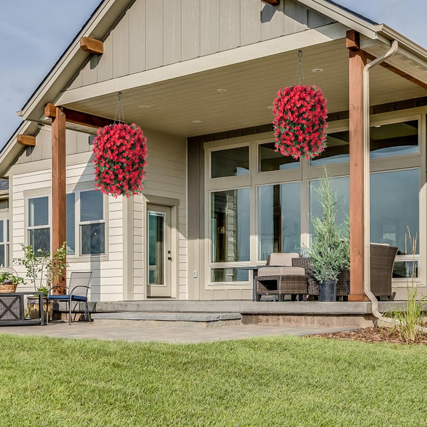 Artificial Fake Red Hanging Flowers Plants Basket for Outdoor Outside Winter Christmas Decor, Faux Silk Look Real UV Resistant Orchid for Fall Porch Garden Yard Patio Home