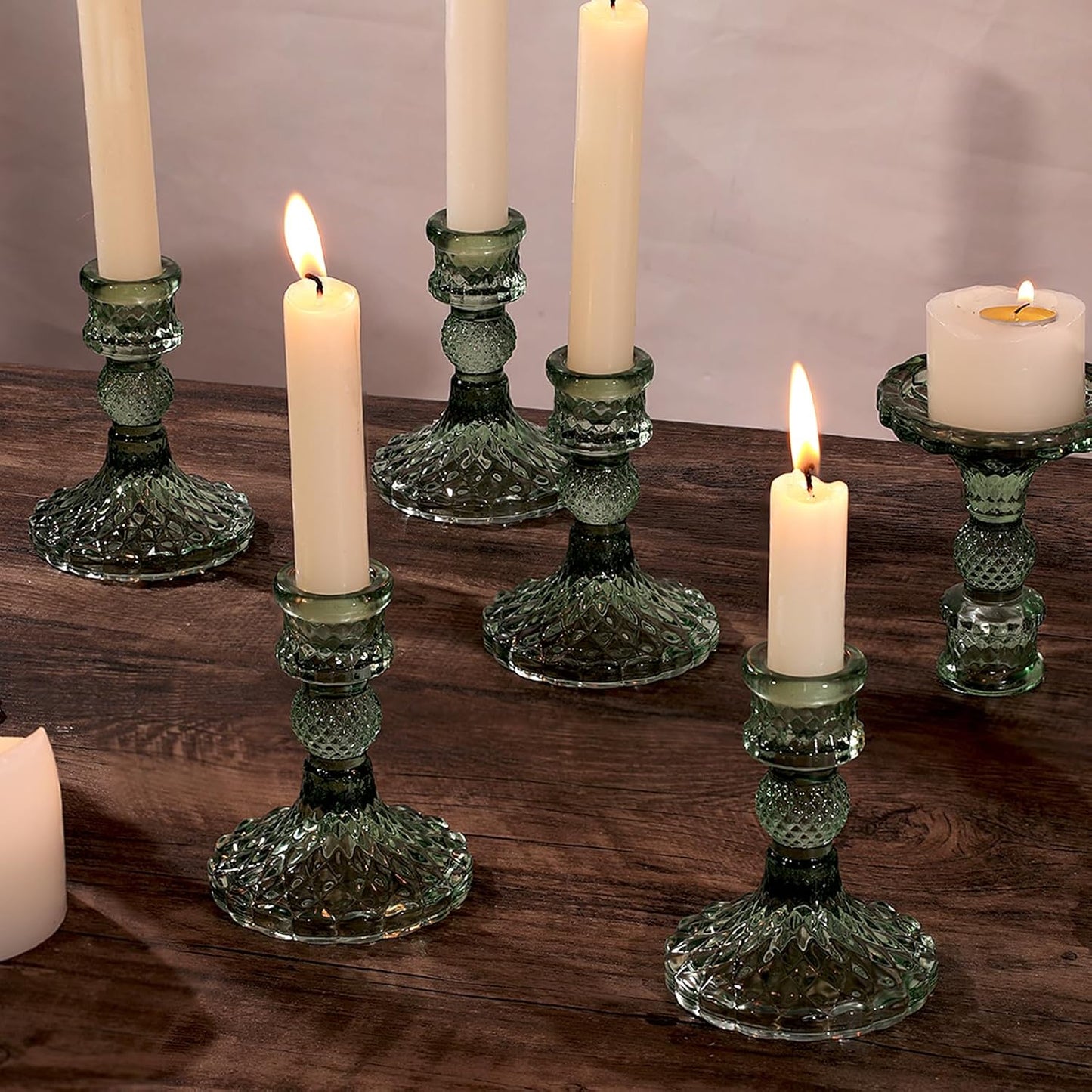12Pcs Green Candlestick Holders Set- 4" H Taper Candle Holders Bulk, Glass Candle Holders for Wedding, Party, Romantic Dinner Table Centerpieces, Festival Gifts & Windowsill Decor