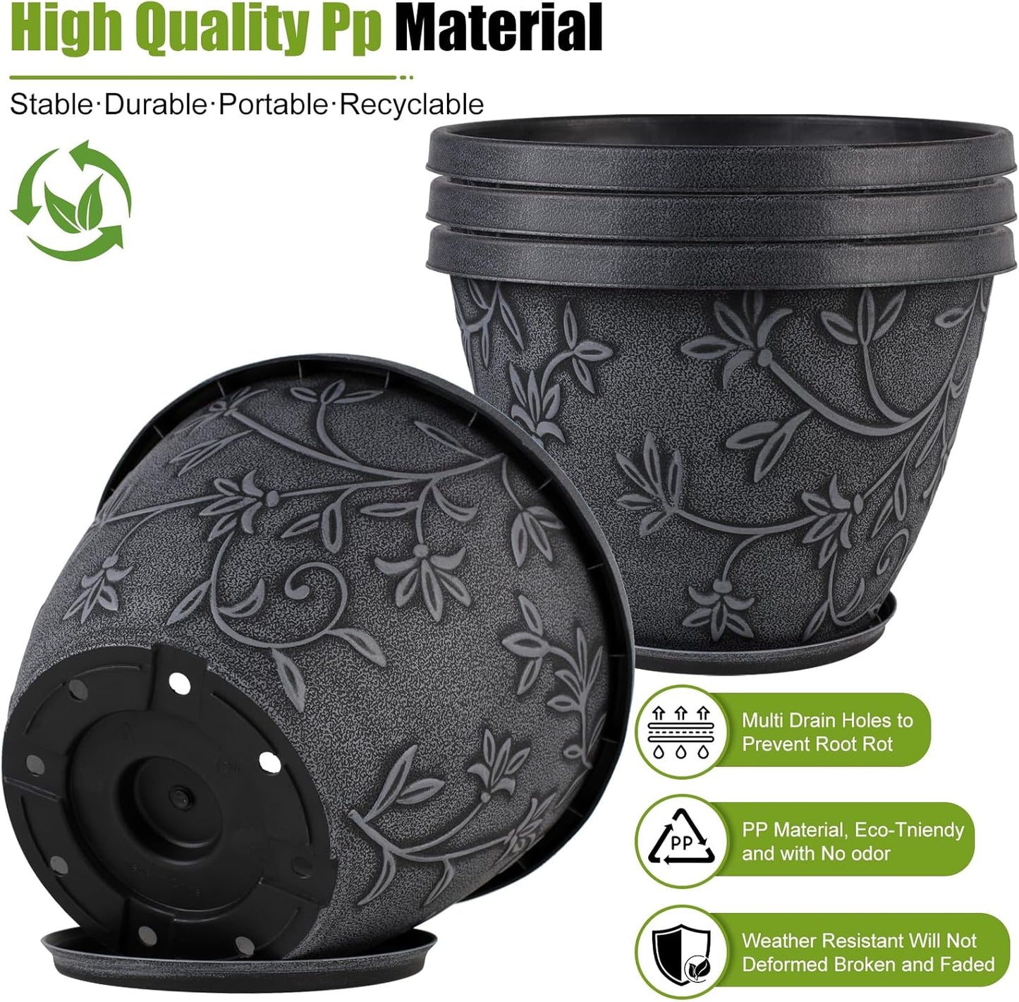 4 Pack 16 Inch Large Plant Pot for Outdoor, Plastic Flower Pot Indoor with Drainage Hole & Saucer, Modern Decorative Garden Pot, Imitation Magnolia Garden Pots for House Planters（Gray）