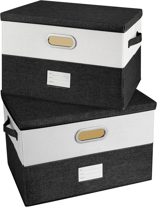 Large Linen Fabric Foldable Storage Bins with Removable Lid and Handles, Washable Storage Box Organizer Containers Baskets Cube with Cover for Bedroom,Office (Black&White, Medium(2-Pack))