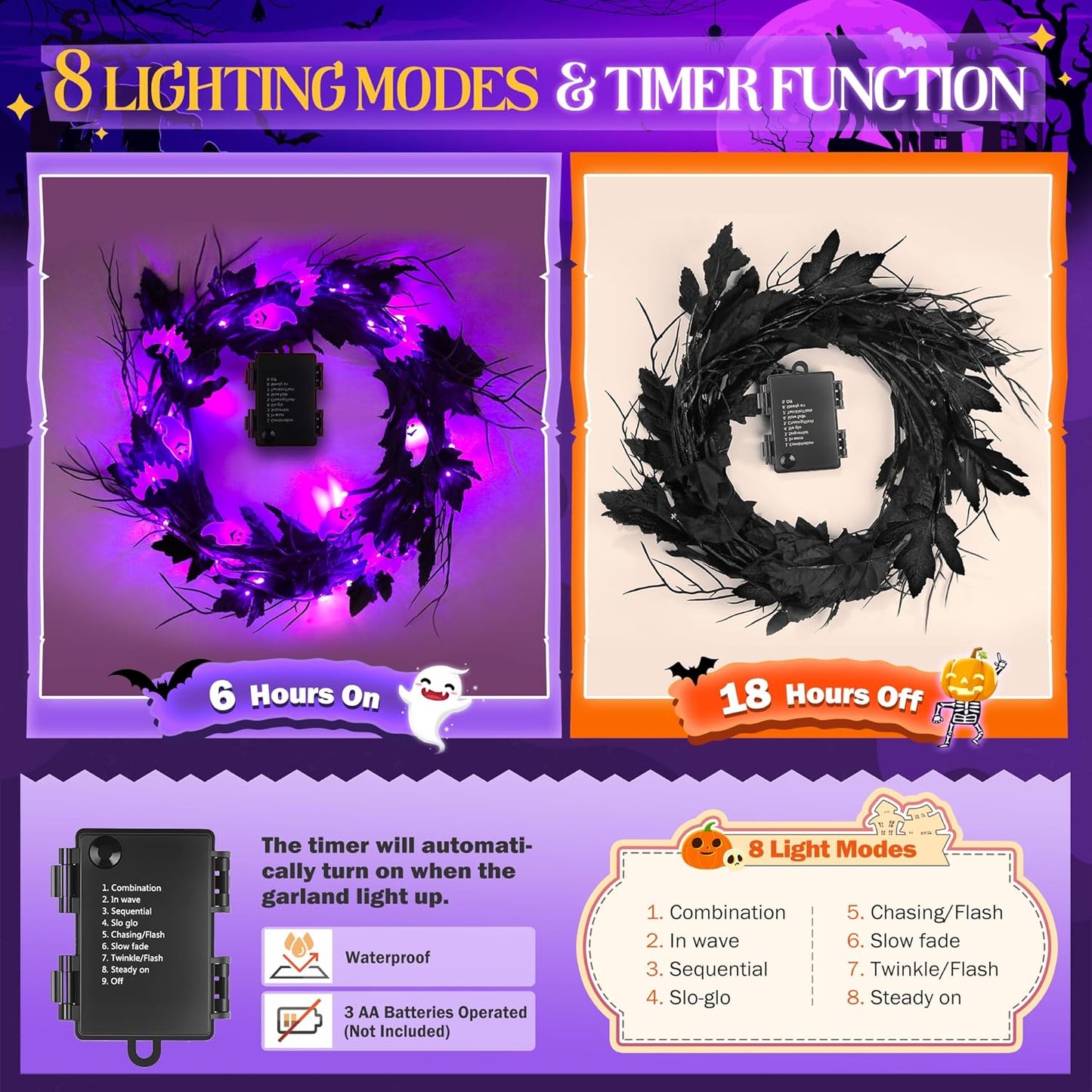 Halloween Lighted Willow Vine Twig Decoration, 6.56 FT Light up Garland Battery Operated with Purple LED Lights, 8 Modes and Timer, 12 Bat and Ghost Ornaments, 4 Adhesive Hooks