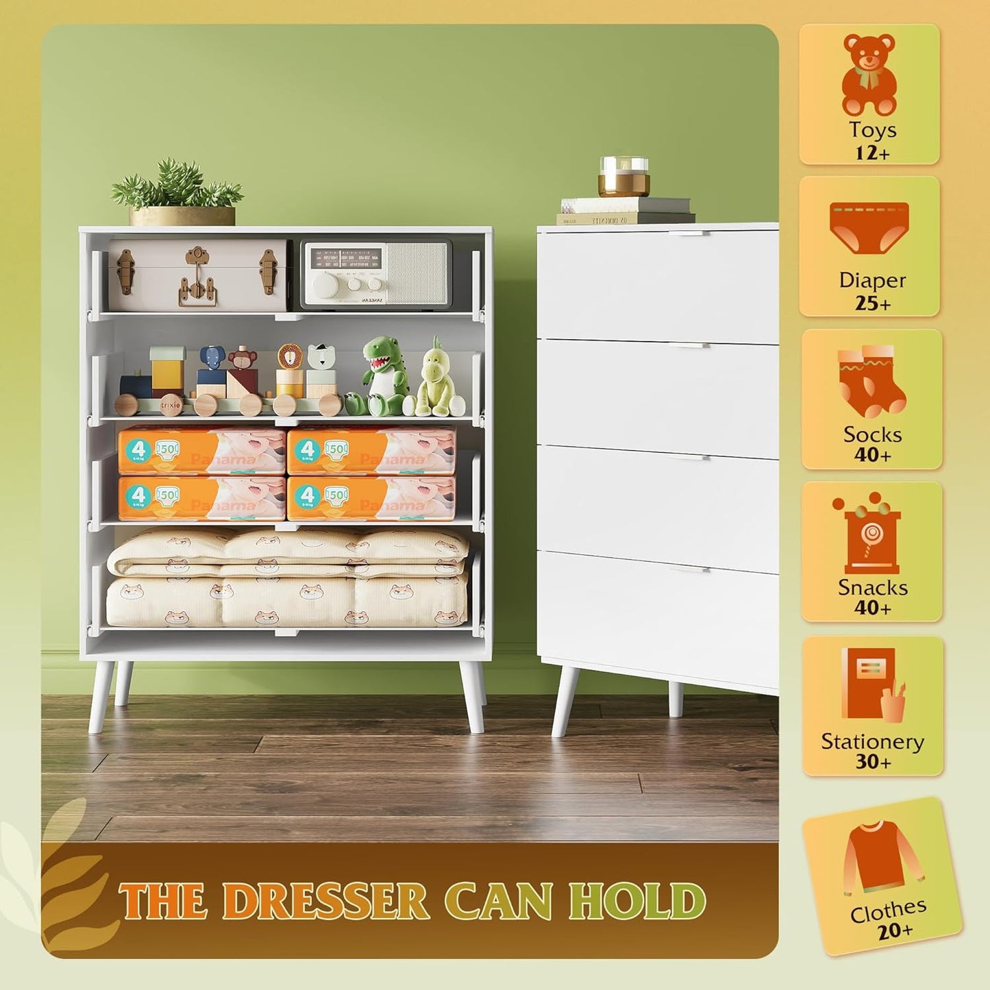 WLIVE 4 Drawer Dresser for Bedroom, Tall Wood Dresser, Modern White Dressers with Sturdy Metal Handle, Small Chest of Drawers for Living Room, Hallway