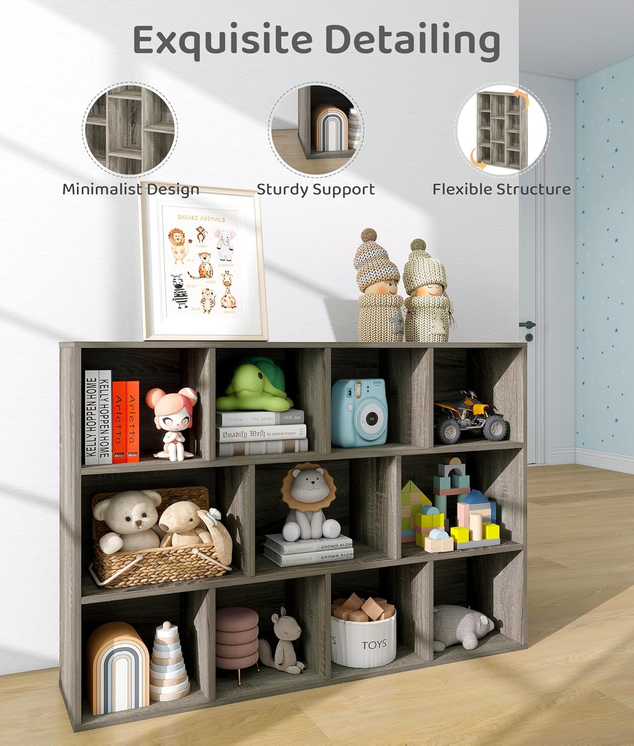 11-Cube Kids Toy and Book Storage Organizer – Wooden Cube Bookcase for Playroom and Nursery Organization, Baby Bookshelf and Kids Shelves for Room or Classroom, French Oak Finish