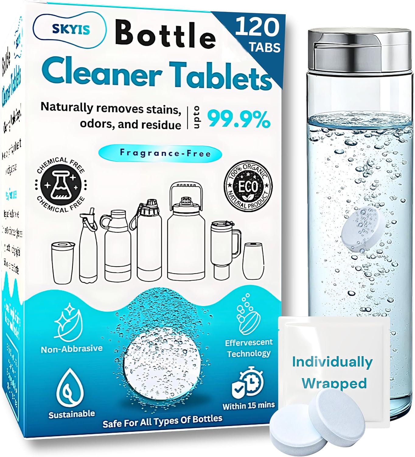 120-pcs Water Bottle Cleaner Tablets, Chlorine-free, Water Bottle cleaner, Tumbler washer and Glass bottle cleaner Removes stubborn stains and Freshens glass bottles and utensils