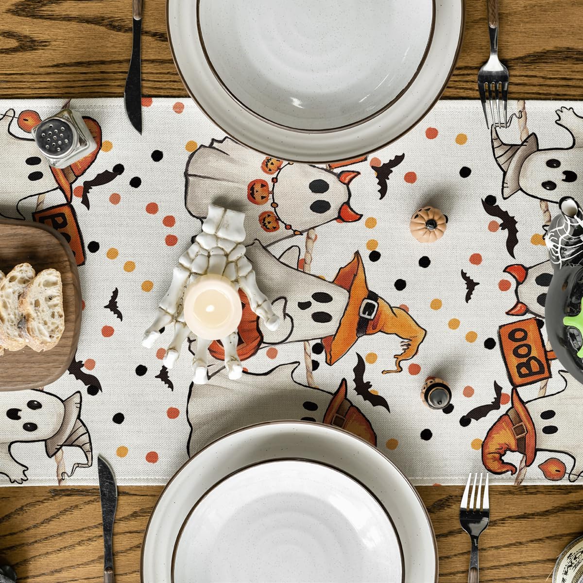 Artoid Mode Beige Ghost Jack-O'-Lantern Black Cat Halloween Table Runner,Holiday Kitchen Dining Table Decoration for Home Party Decor 13 x 90 Inch