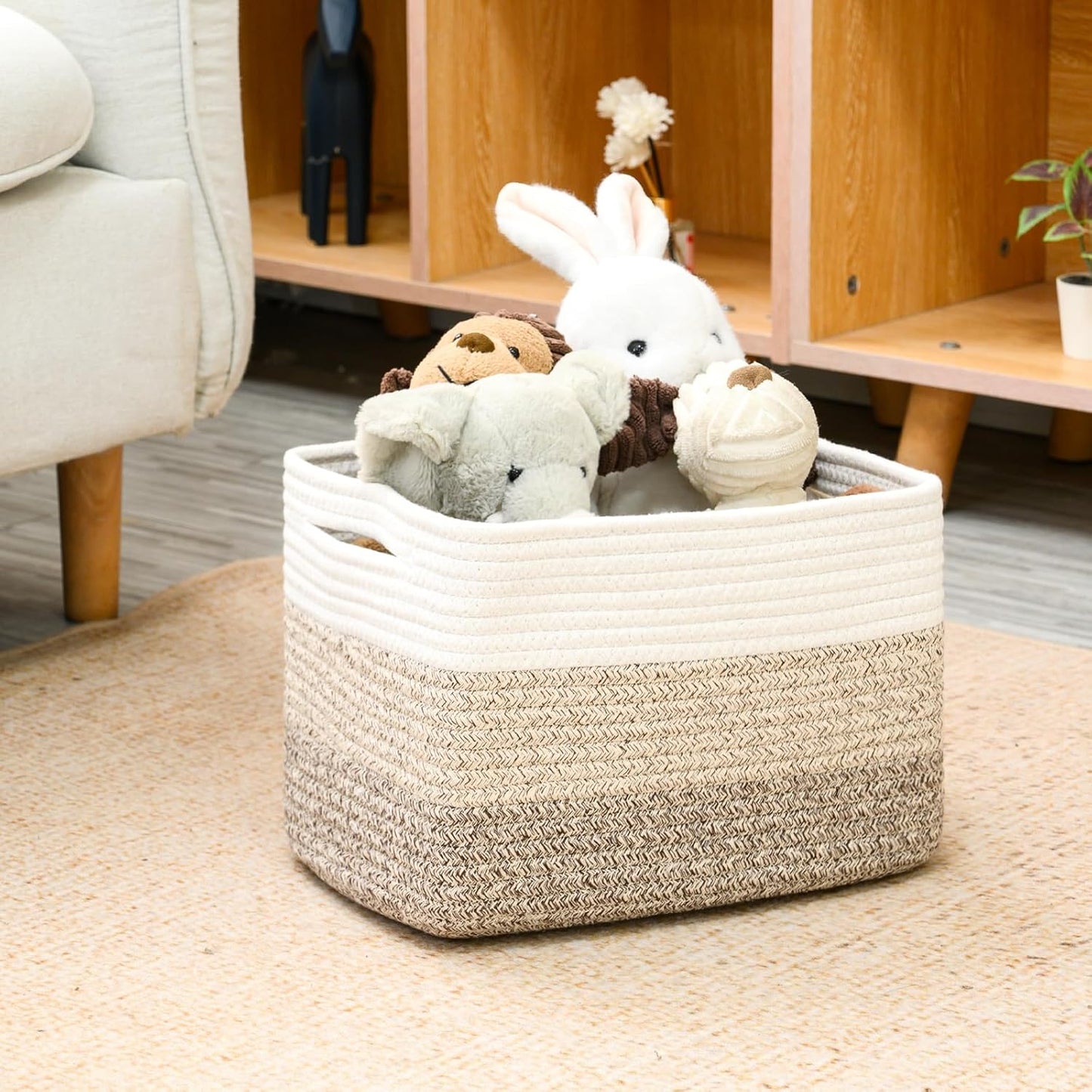 Shelf Baskets for Organizing, Storage Baskets for Shelves, Woven Baskets for Storage, Cotton Rope Baskets with Handles for Toy, Book, Clothes, 12.5"Lx9.1W"x7.9H", (4 Packs) Gradient Brown