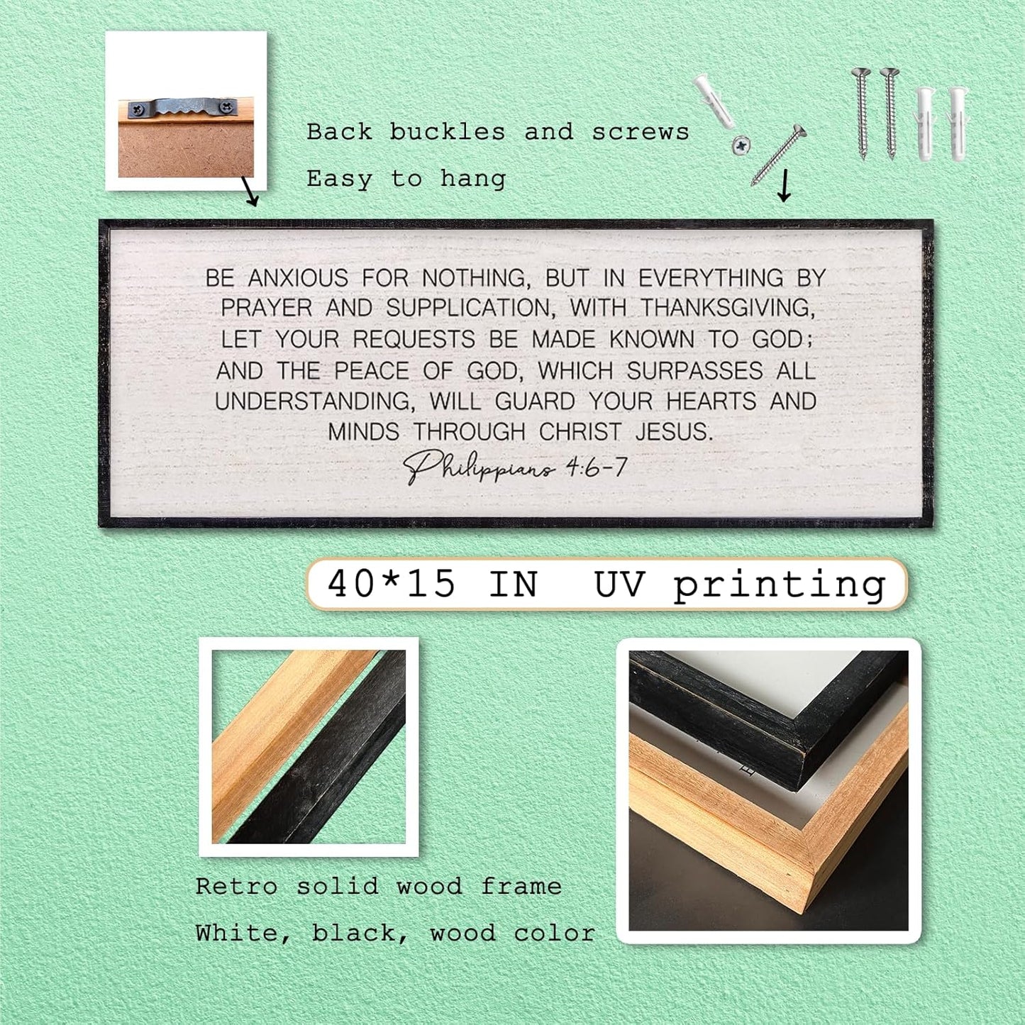 LuZhiQiang Be Anxious for Nothing Wall Decor 40"×15" Philippians 4:6-7 Bible Verse Sign Large Christian Scripture Wood Framed Hanging Decor (Black)