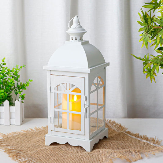 TRIROCKS Decorative Vintage Candle Lanterns 14.5" H Farmhouse Outdoor Hanging Lanterns with Tempered Glass for Porch, Balcony, Patio, Home, Centerpieces, Indoor, Outdoor(White)