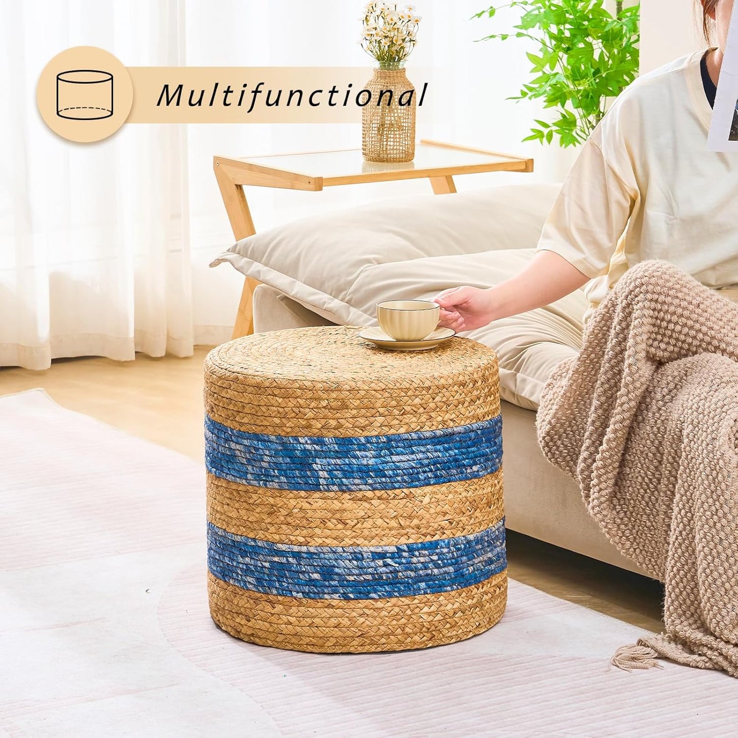 Handwoven Ottoman Pouf, Natural Water Hyacinth Footstool, Round Braided Outdoor Seat with Sturdy Frame, Boho Accent Stool for Patio, Balcony, or Garden (Blue)