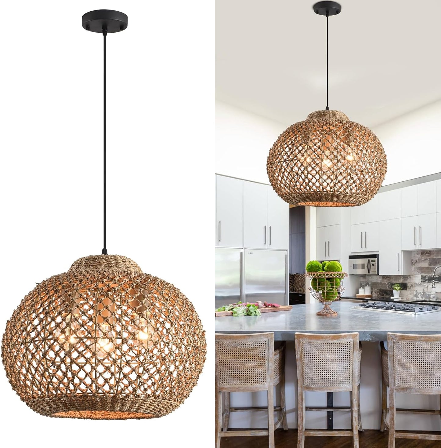 17" Rattan Pendant Light 3-Light Hand Woven Wicker Seagrass Hanging Light Boho Water Plants Rattan Chandelier for Dining Living Bedroom Kitchen Farmhouse