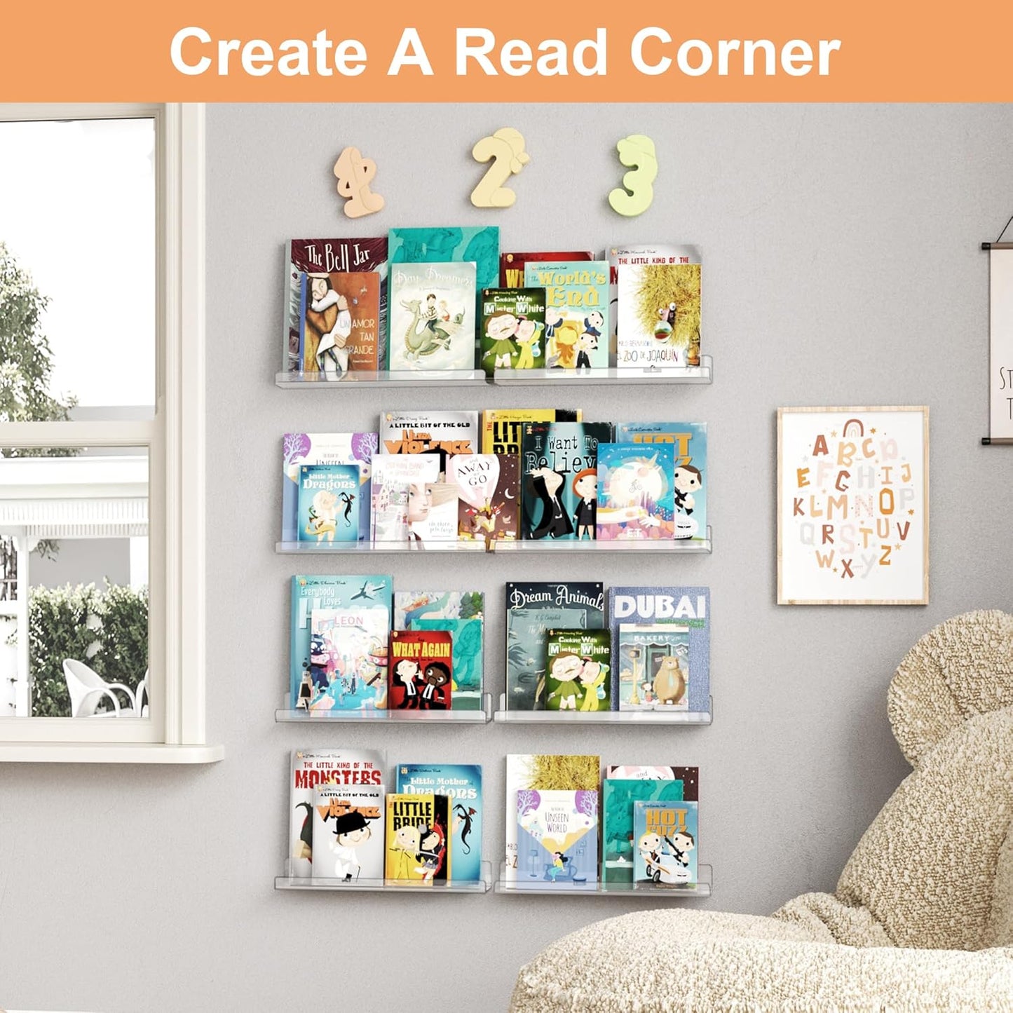 upsimples 14 Pack Acrylic Shelves Wall Organizer and Storage, 15" Display Shelf for Figure, Toy Cars, Perfume, Kids Bookshelf for Bedroom, Nursery, Craft Room, Clear