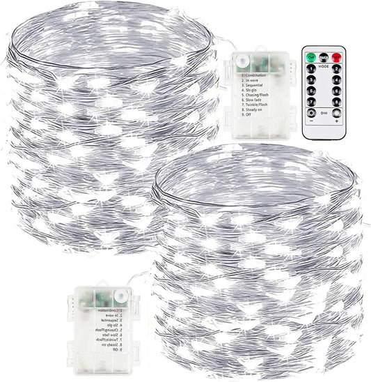 2-Pack Fairy Lights Battery Operated with Remote, Waterproof 66FT 200 LED Battery String Lights Outdoor Indoor, 8 Modes Twinkle Lights with Timer for Bedroom Wedding DIY Christmas Decor (Cool White)