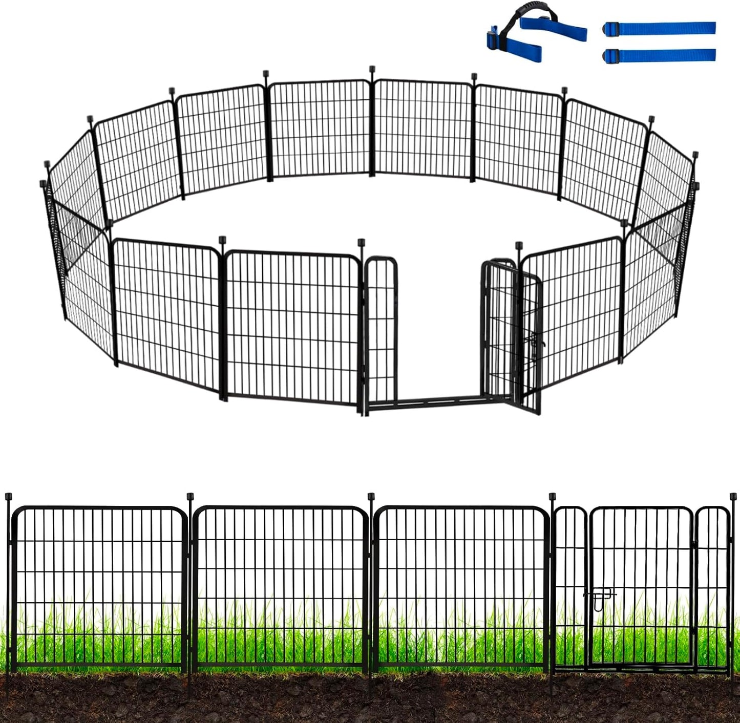 ADAVIN Garden Fence 32 in(H) x 35.4 ft(L) 16 Panels for Camping, Black Heavy Duty Iron Metal Animal Barrier Fence, Rabbit Fence for Yard, Indoor Dog Playpen, Temporary Flower Bed Fencing Border,Black