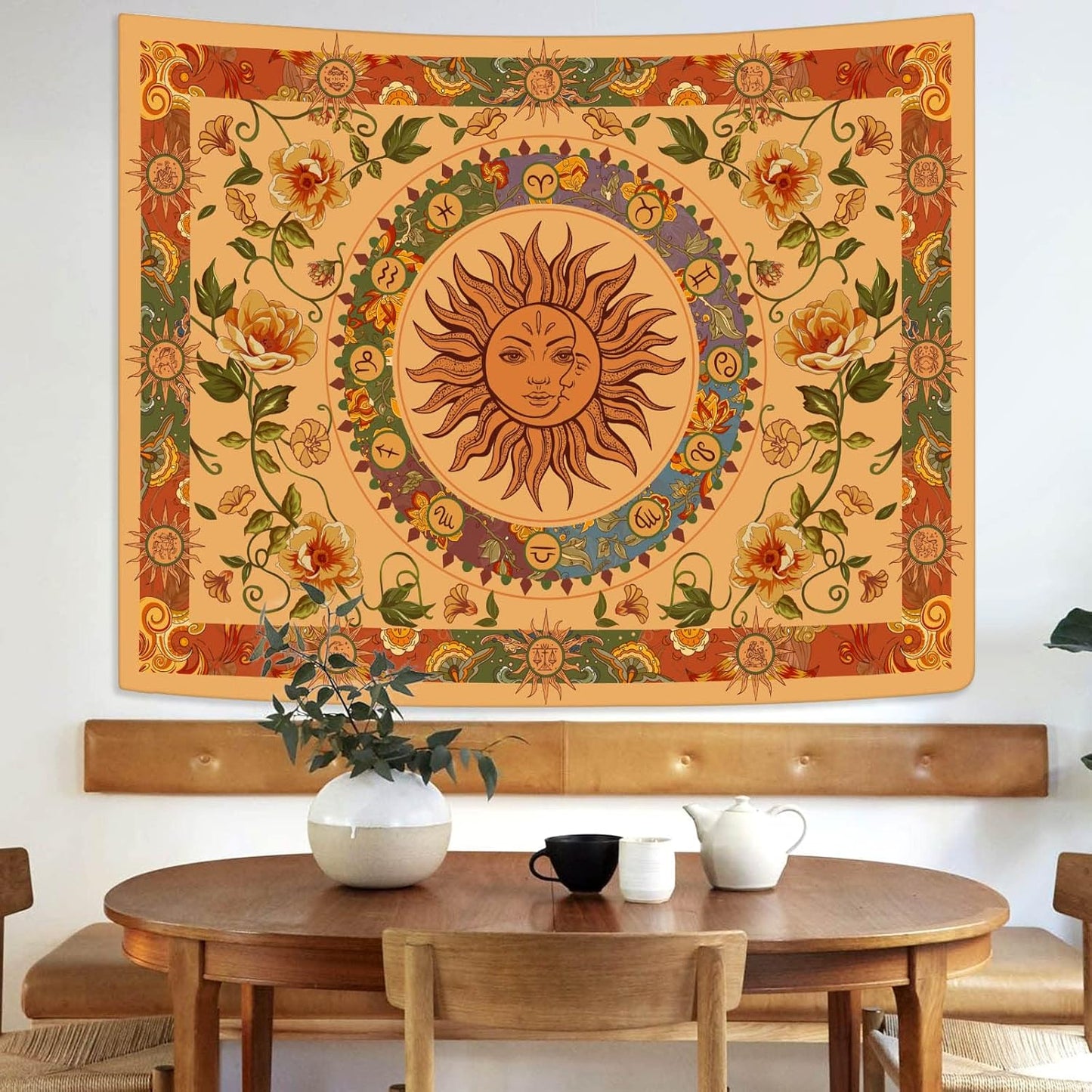 Aipon Yellow Sun and Moon Tapestry Hippie Indie Tapestries Boho Orange Flower Floral Tapestry Wall Hanging Cool Vintage Aesthetic Wall Tapestry for Bedroom Living Room Dorm (48'' × 36'', Orange)