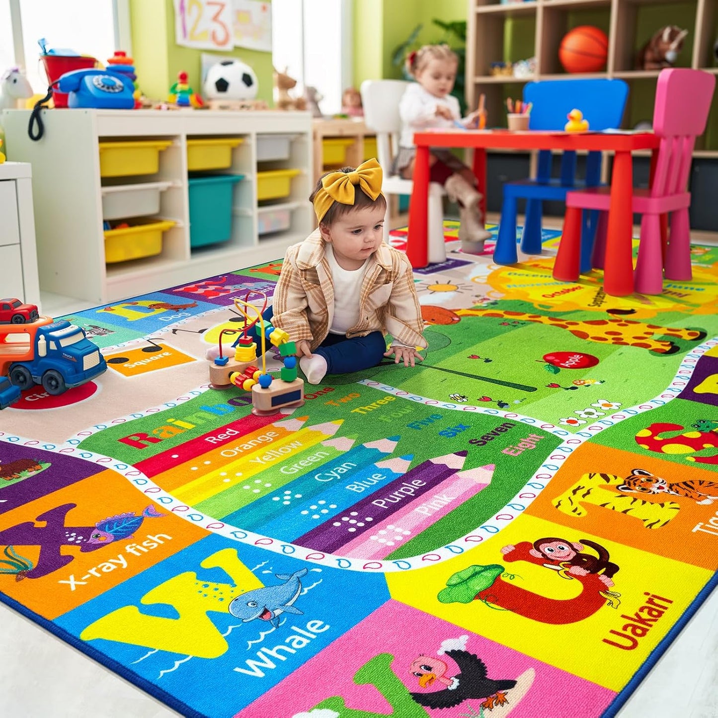7x10 Playroom Rugs for Kids Washable, Educational and Fun Playmat with ABC Alphabet Animals Shapes Colors, Non-Slip Play Mat Learning Rugs for Baby Toddler Children Game Activity