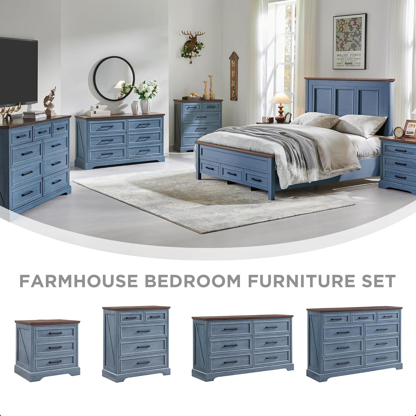 Farmhouse 9 Drawer Dresser for Bedroom, 36 Inch Tall Modern Dresser TV Stand with Large Drawers & Bar Handles, Rustic Wood Chest of Drawers for Bedroom, Living Room, Hallway, Blue
