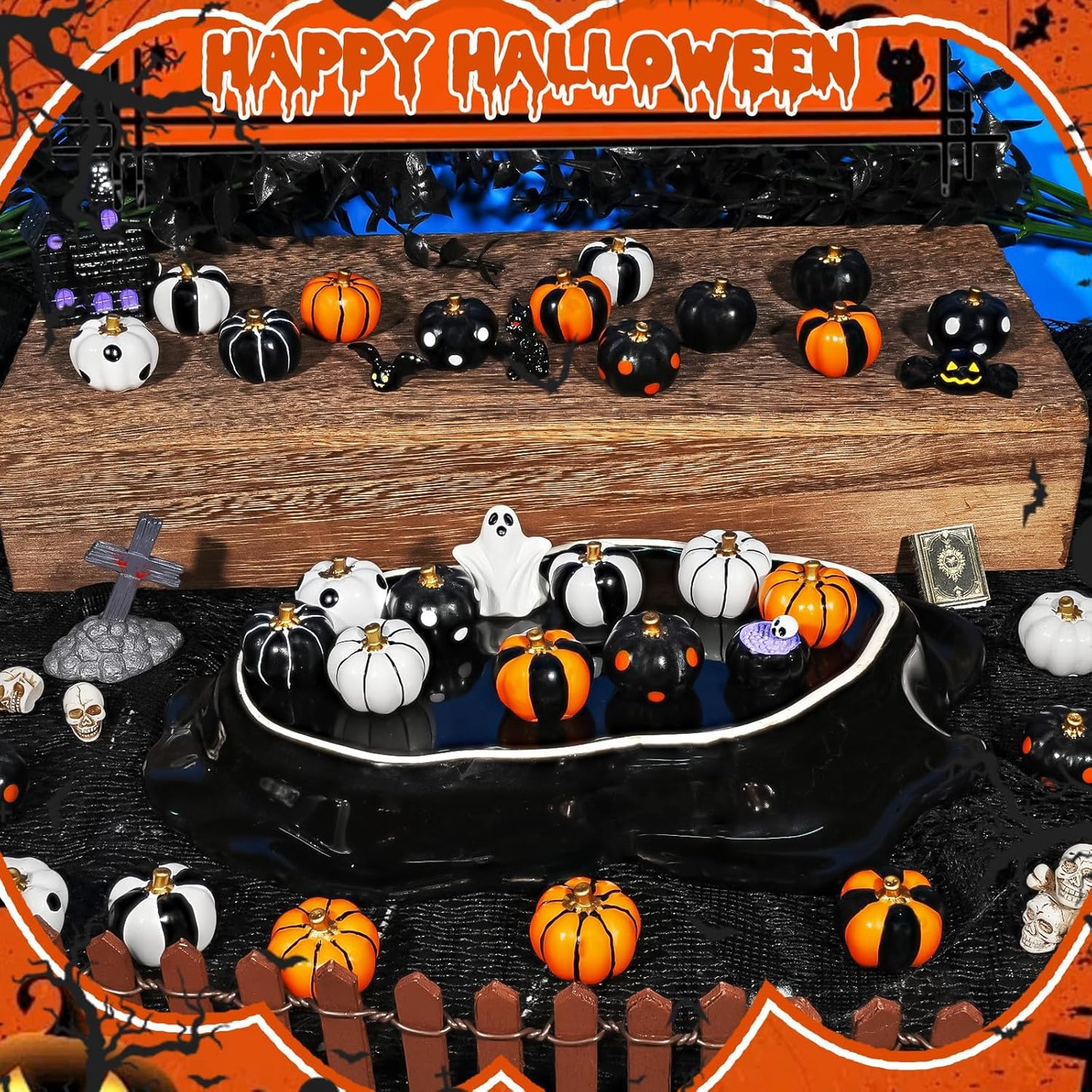Rileryan 20 PCS Halloween Mini Resin Pumpkin Figurines Black White Orange Tiny Pumpkins Halloween Miniatures Village Decor Tabletop Centerpiece Mantel Kitchen Home Decoration