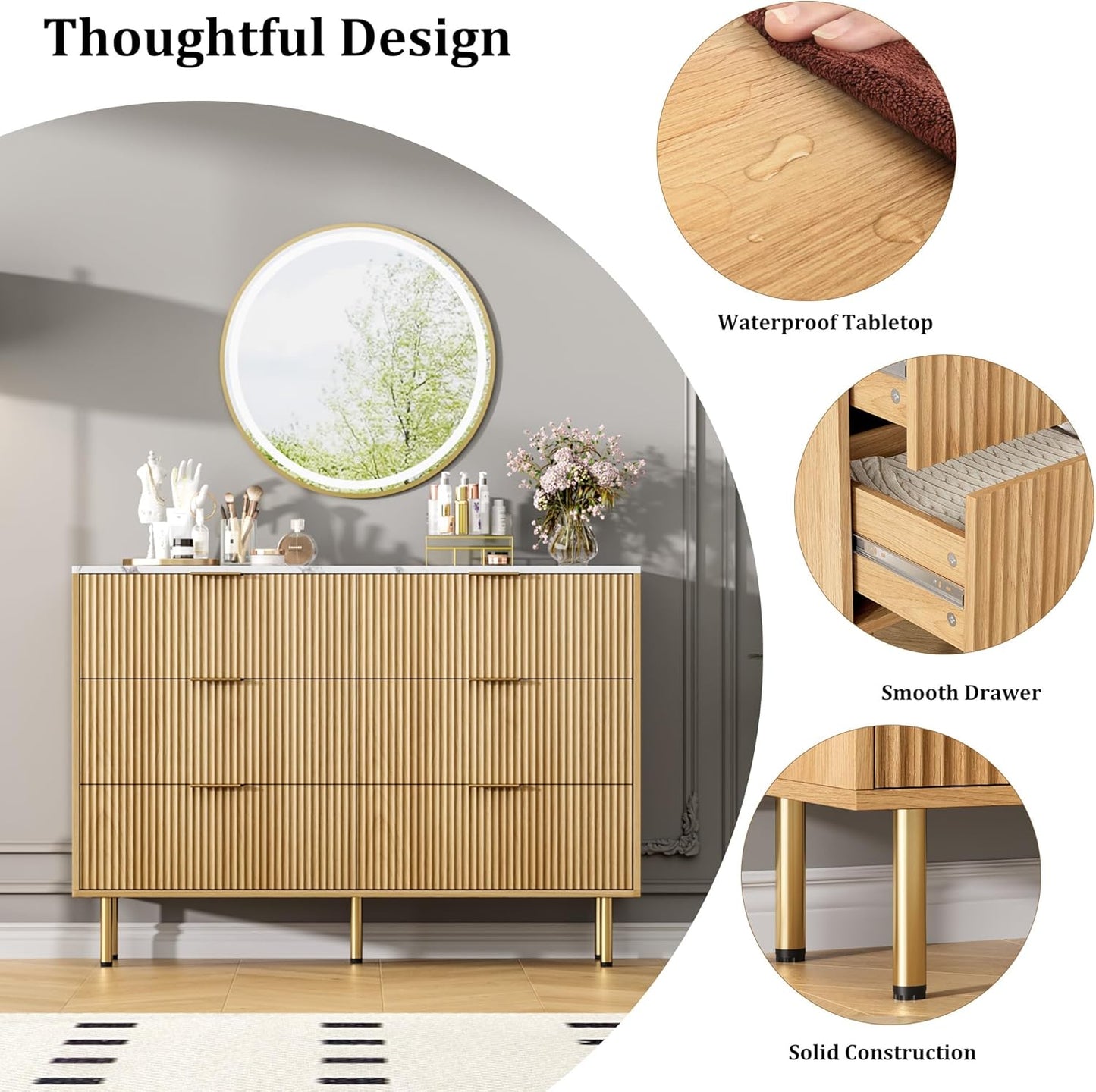 GarveeHome Fluted 6 Drawers Dresser for Bedroom, Modern Chest of Drawers, Tall Brown Dresser with Faux Marble Top and Gold Handle, Wood Drawer Organizer for Bedroom, Living Room, Hallway, Entryway