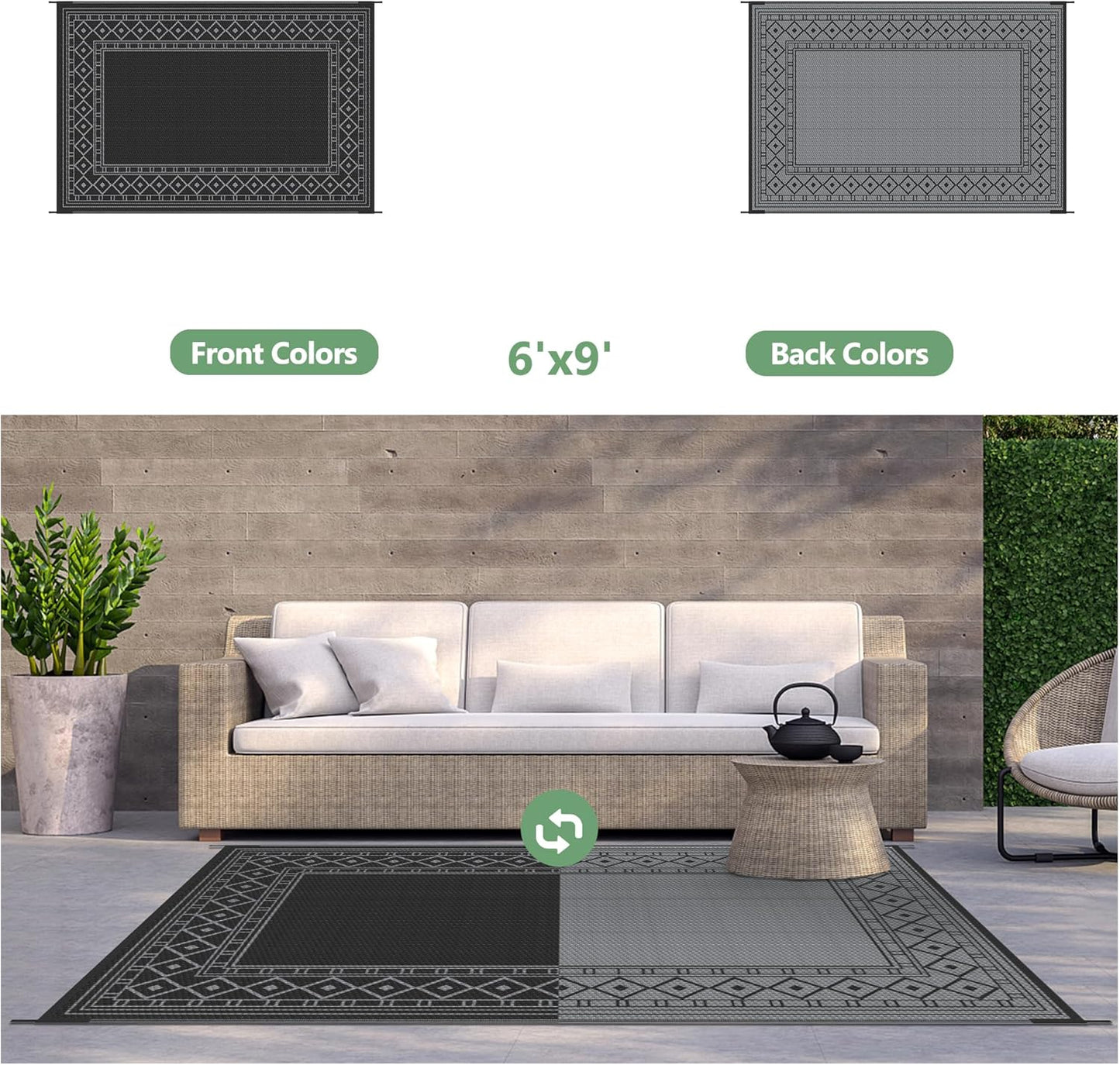 GENIMO Outdoor Rug Waterproof 6'x9' for Patio, Foldable Reversible Plastic Straw Carpet for Travel Trailers, Outside Area Mat for Rv, Deck, Picnic, Porch, Camper, Balcony, Beach, Black & Grey