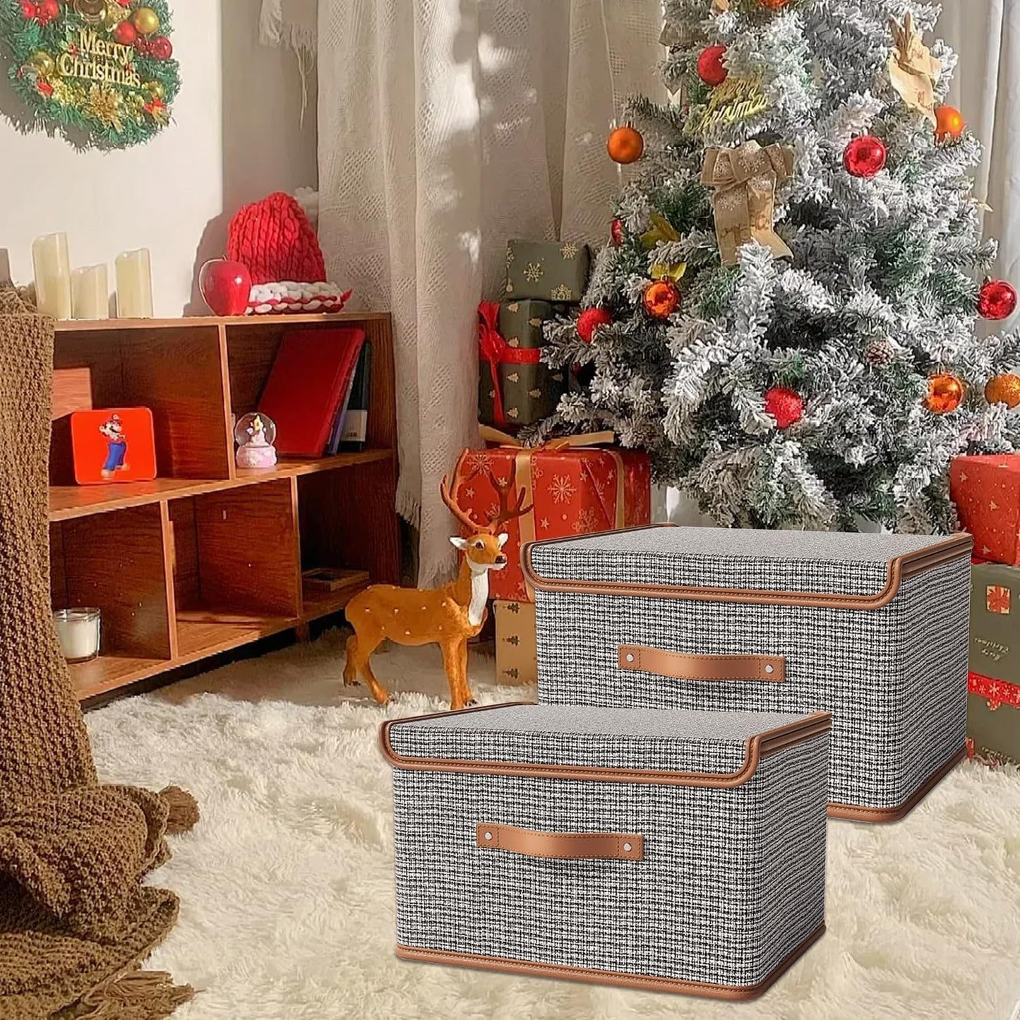 Tuza 4 Pack Storage Bins with Lids, Collapsible Closet Organizer Container, Fabric Organizer Box with Handles, Decorative Storage Boxes with Lids for Organizing Clothes, Sheet, Light Grey, Extra Large