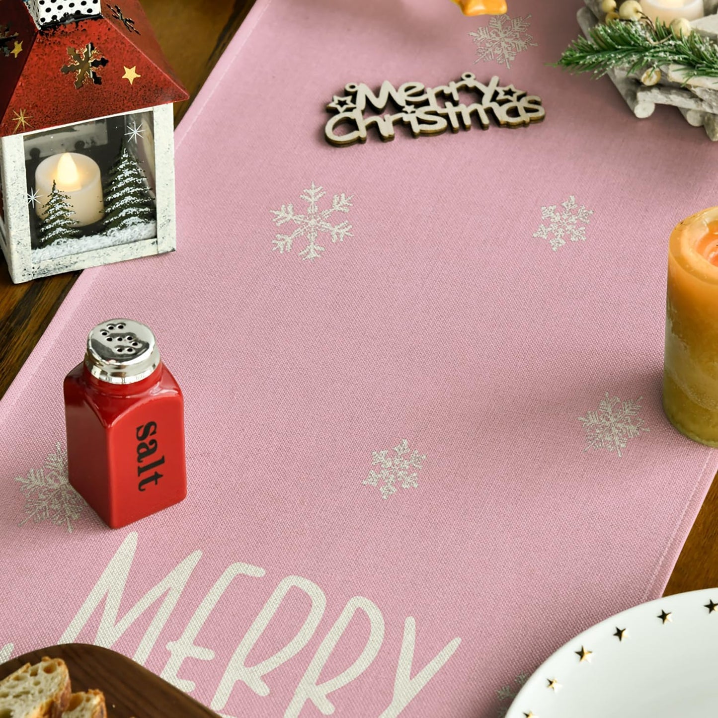 Artoid Mode Xmas Trees Snowflakes Pink Merry Christmas Table Runner, Winter Seasonal Kitchen Dining Table Decoration for Home Party Decor 13x108 Inch