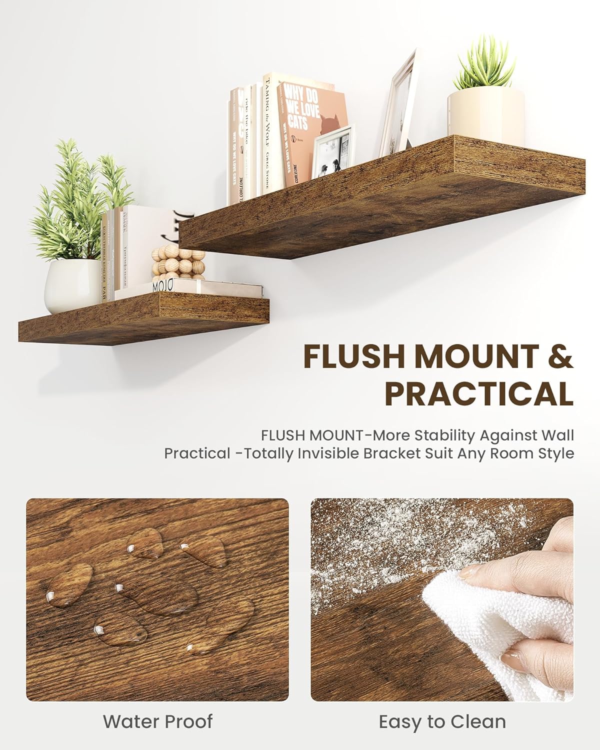 Marsmiles 48" Floating Shelves for Wall, Wooden Shelves with Invisible Brackets Set of 2, Rustic Farmhouse Wall Mounted Shelf for Kitchen Bathroom Living Room Study, Rustic Brown