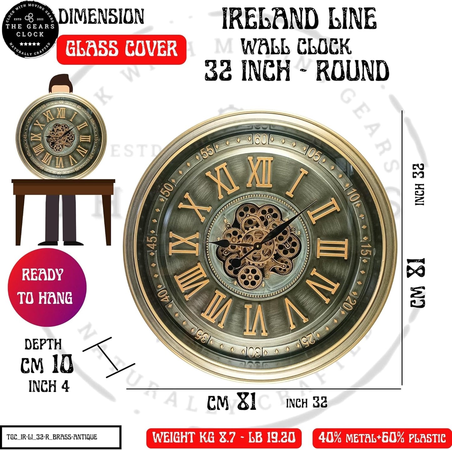 32'' Inch Real Moving Gear Wall Clock Ireland Line (Brass Antique, 32 inches (80 cm))