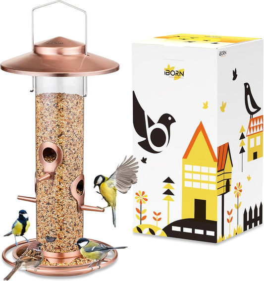 iBorn Bird Feeders for Outdoors, 2LB Metal Bird Feeders 17cm Large Roof &Tray, 4 Feeding Ports, Brushed Copper Finishing