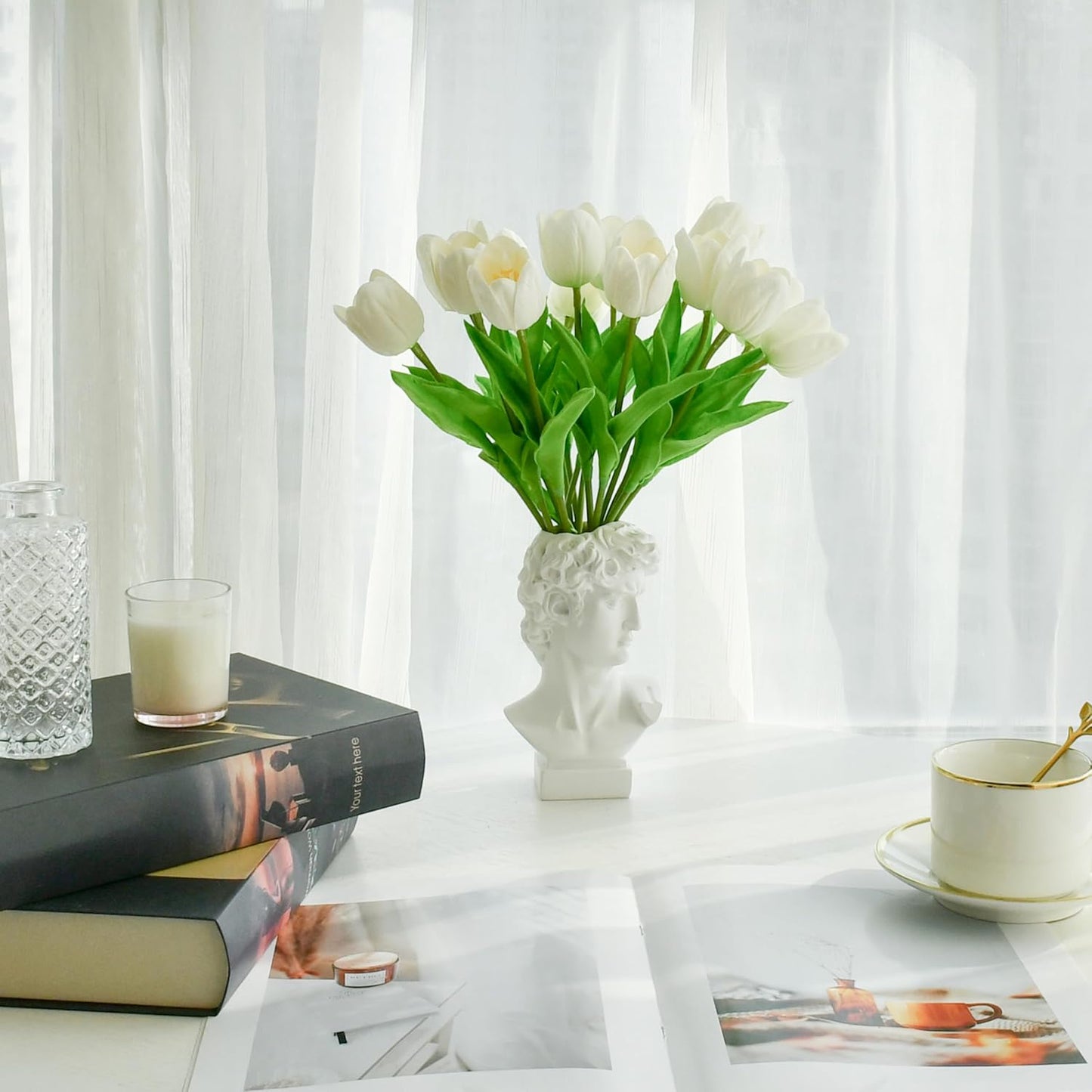 Mandy's Artificial Tulips 12 Stems White Partially Open PU Faux Flowers for Wedding Home Decor 13.5 Inch