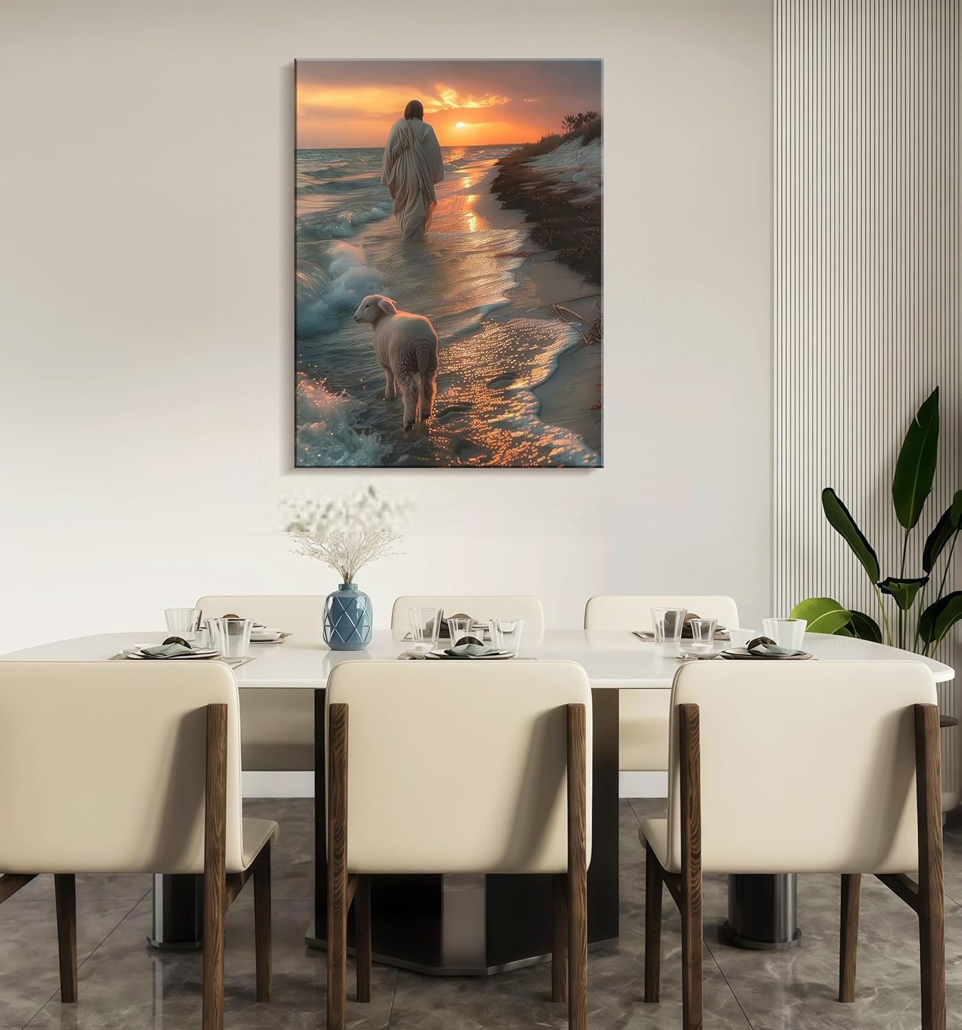 Framed Canvas Jesus and the Lamb Walking on the Beach Wall Decor Wall Art Gallery Decor Unique Print Wall Decor for Living Room Bedroom Church Home Decor 12x16 Inch Ready to Hang