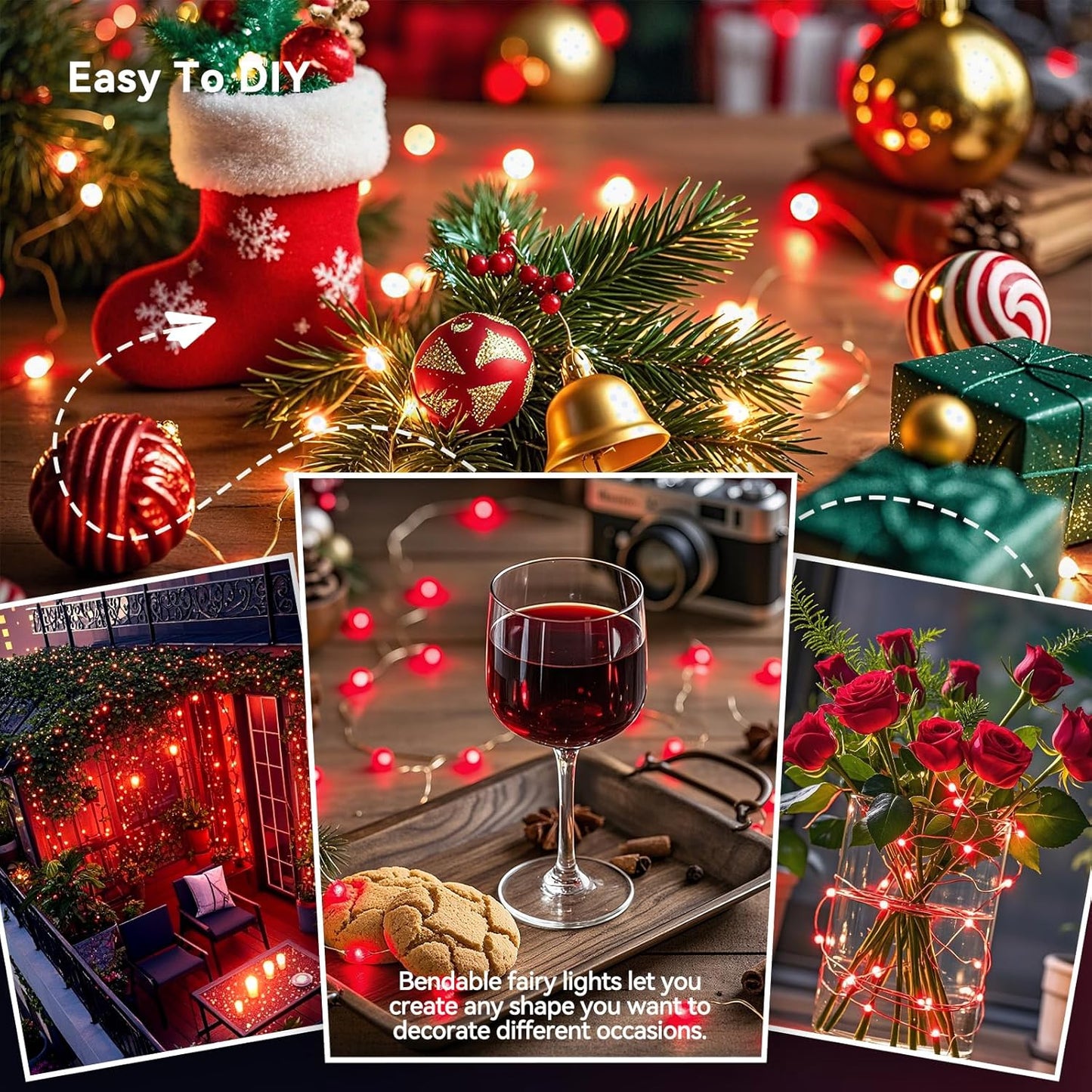 4 Pack 60LED Christmas Fairy Lights Battery Operated - 20FT Twinkle Lights with 2 Lighting Modes Indoor Outdoor, Waterproof Led Fairy String Lights for Bedroom, Wedding, Dorm, DIY Decor, Red