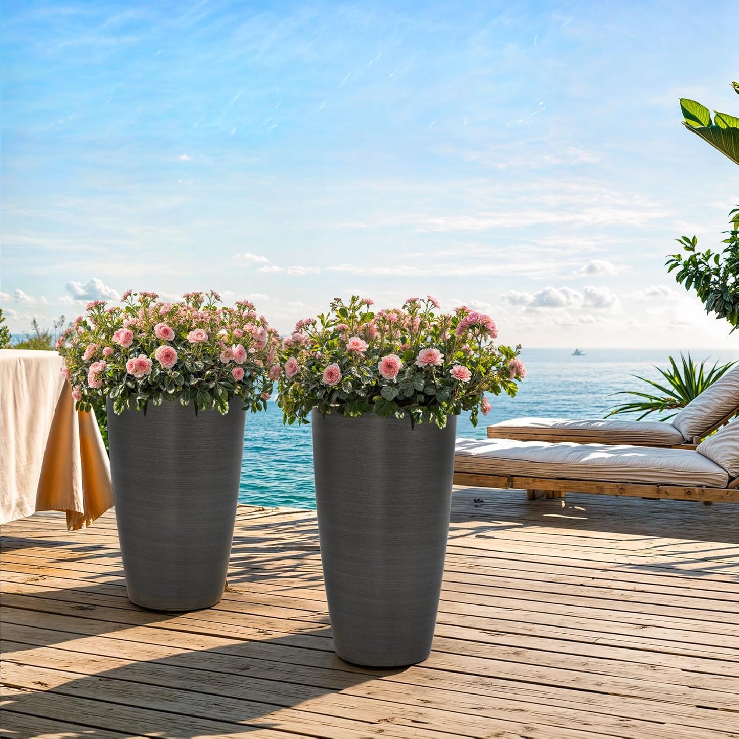 22.8" Resin Planters for Outdoor Plants, Set of 2 Modern Large Flower Pots with Handmade Brushed Metal Finish, Weather Resistant for Indoor/Outdoor Year-Round Use