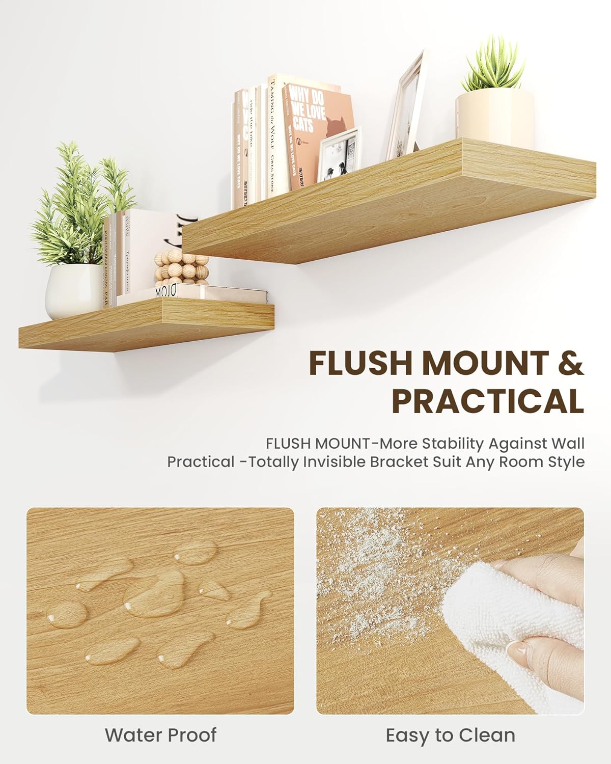 Marsmiles 31.5" Floating Shelves for Wall, Wooden Shelves with Invisible Brackets Set of 2, Rustic Farmhouse Wall Mounted Shelf for Kitchen Bathroom Living Room Study, Natural Oak